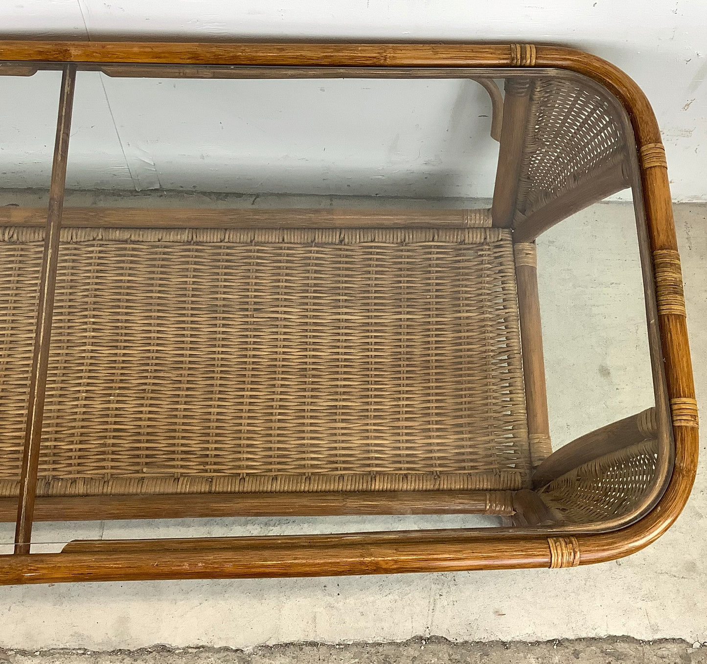 Vintage Modern Boho Coffee Table With Bamboo and Wicker