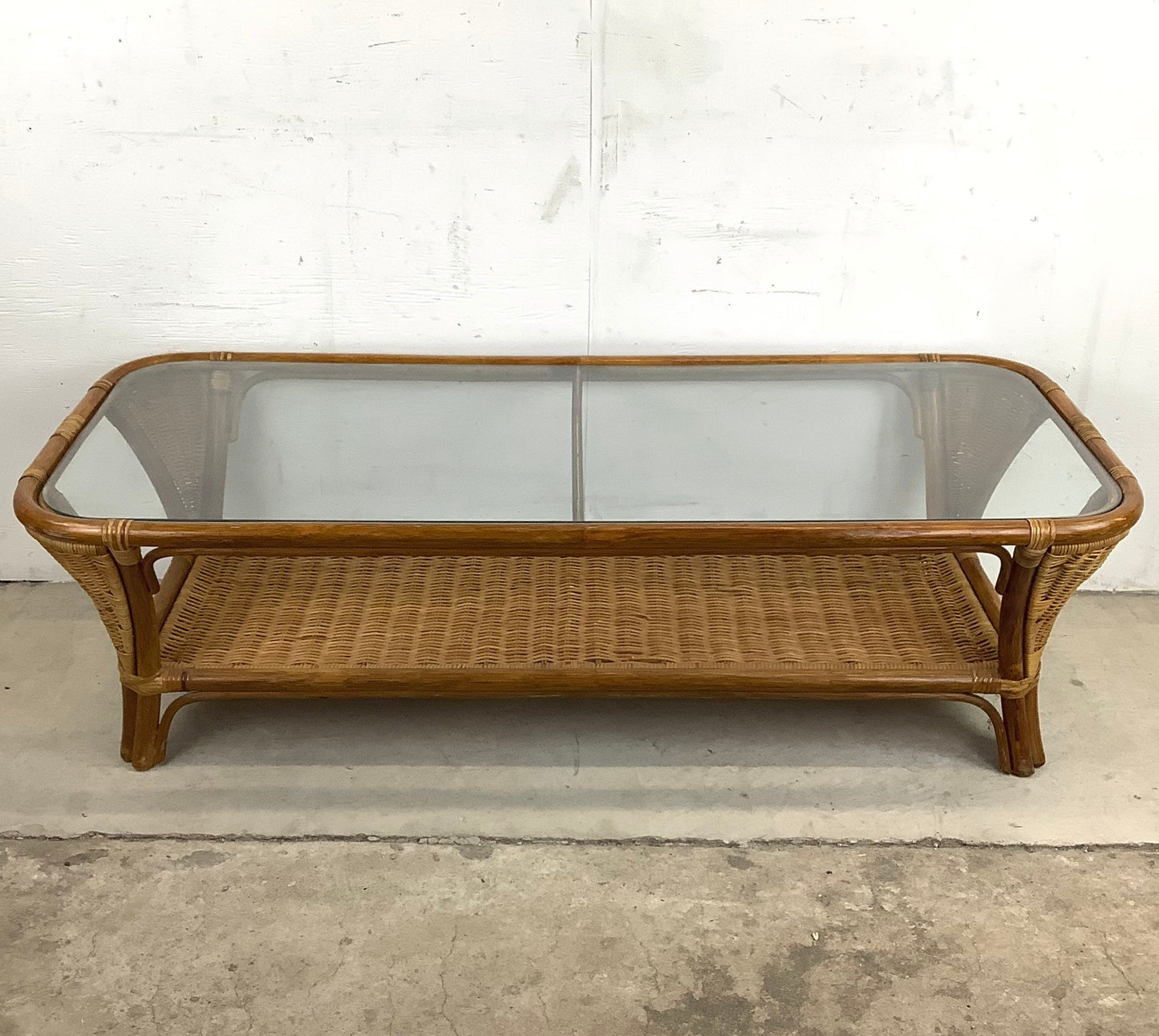 Vintage Modern Boho Coffee Table With Bamboo and Wicker