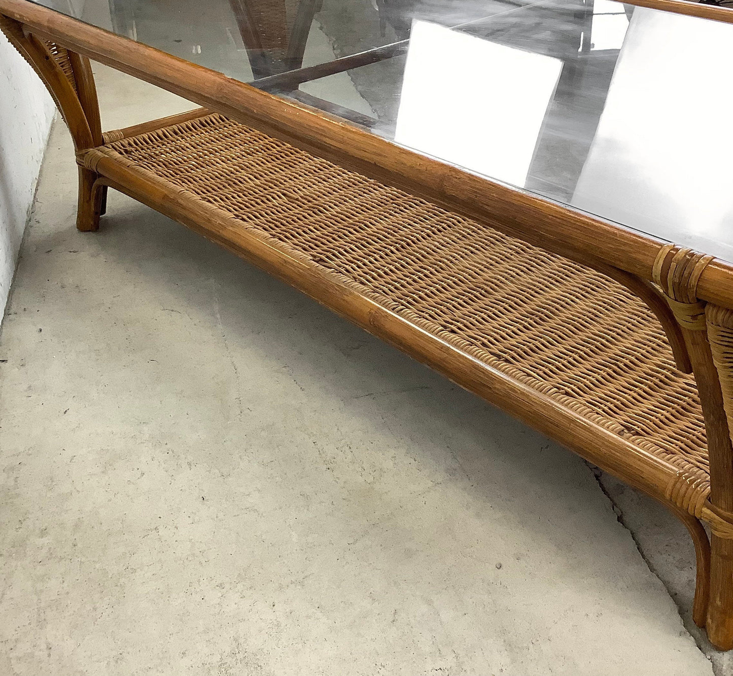 Vintage Modern Boho Coffee Table With Bamboo and Wicker