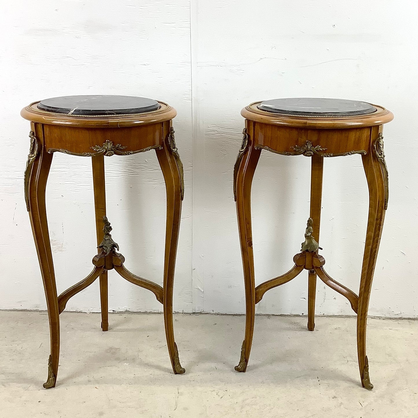 Pair of Vintage Louis XV Style Stone Top Side Tables with Ornate Detail