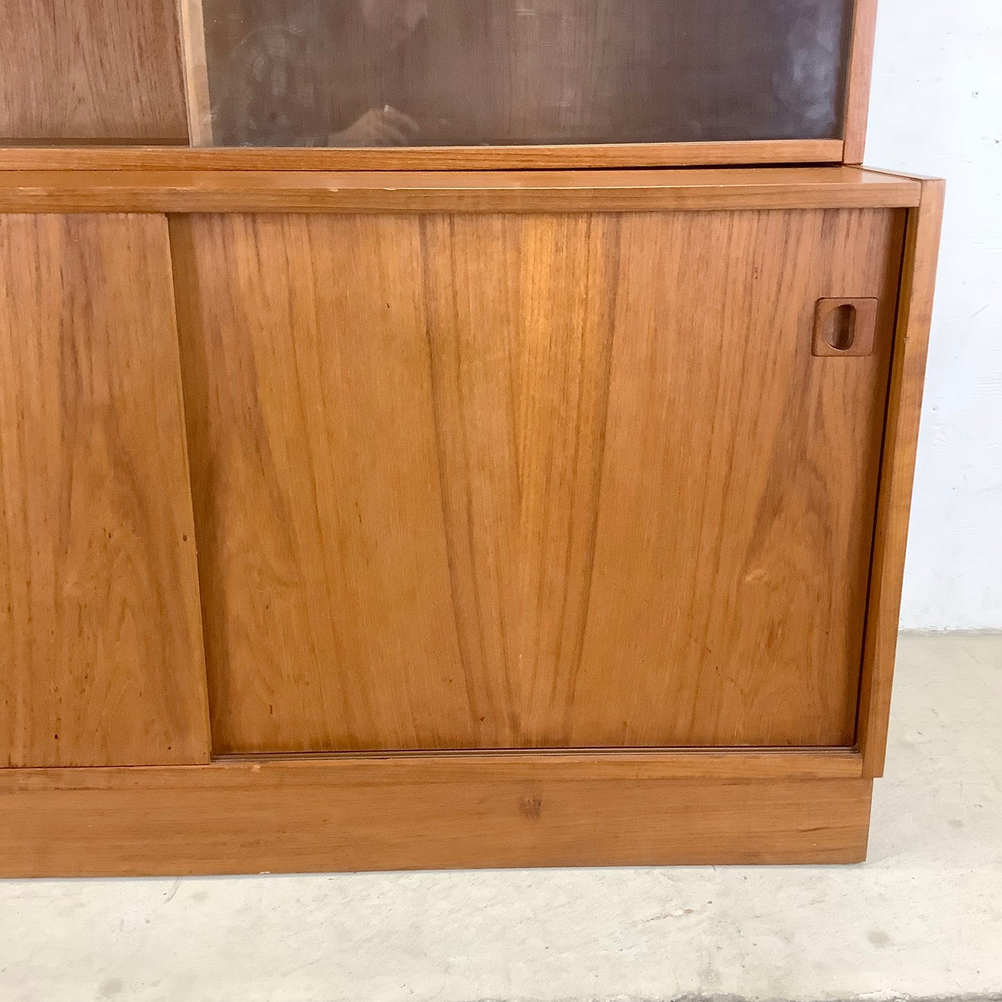 Vintage Modern Teak Bookcase With Cabinet and Sliding Glass Doors