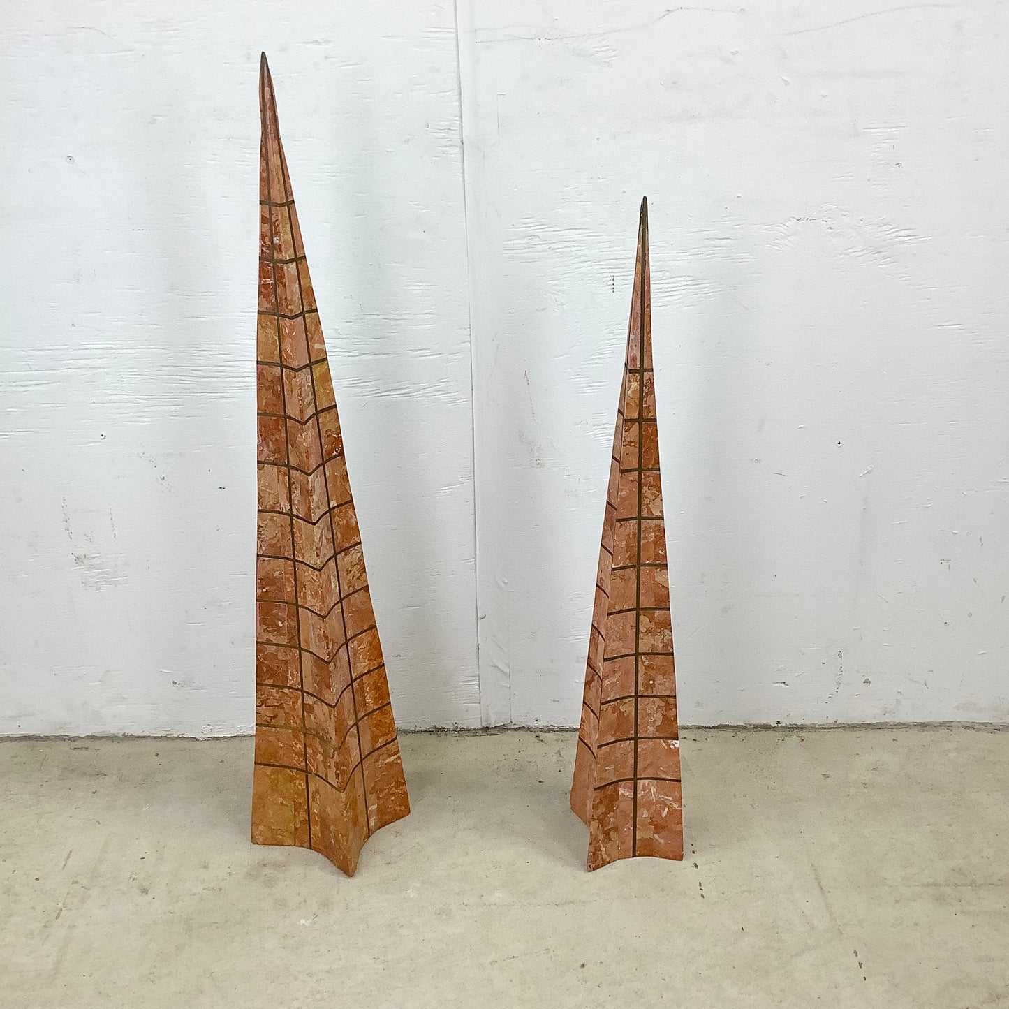 Casa Bique Blush Marble and Brass Obelisks Attr. Robert Marcius- Pair
