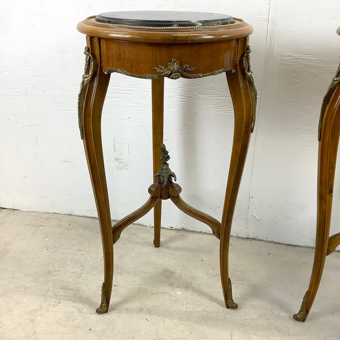 Pair of Vintage Louis XV Style Stone Top Side Tables with Ornate Detail