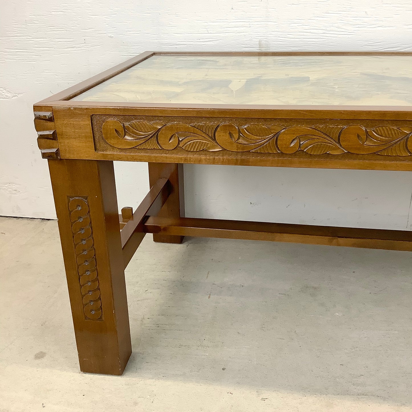 Vintage Handcarved Decorator Coffee Table With Glass Top
