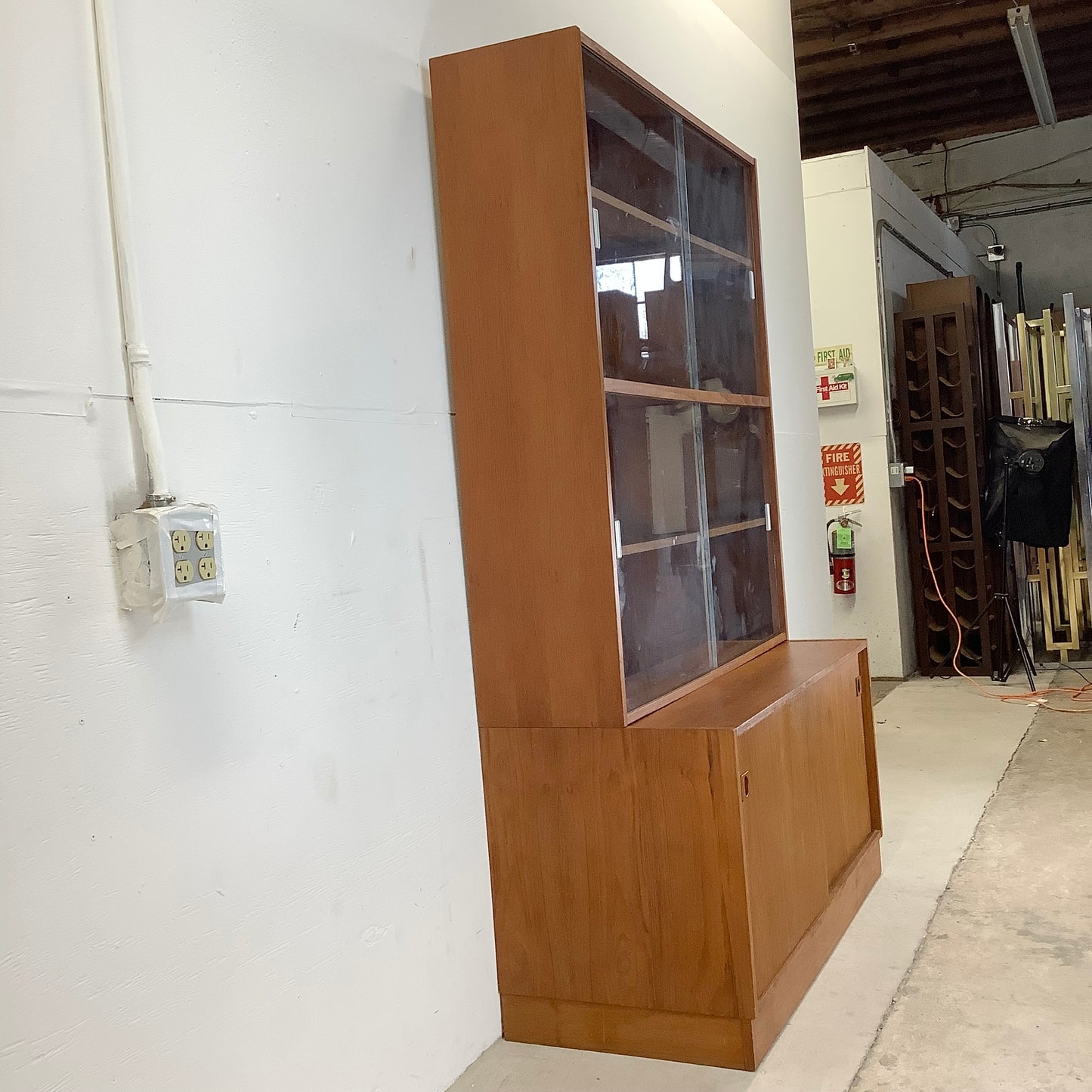 Vintage Modern Teak Bookcase With Cabinet and Sliding Glass Doors