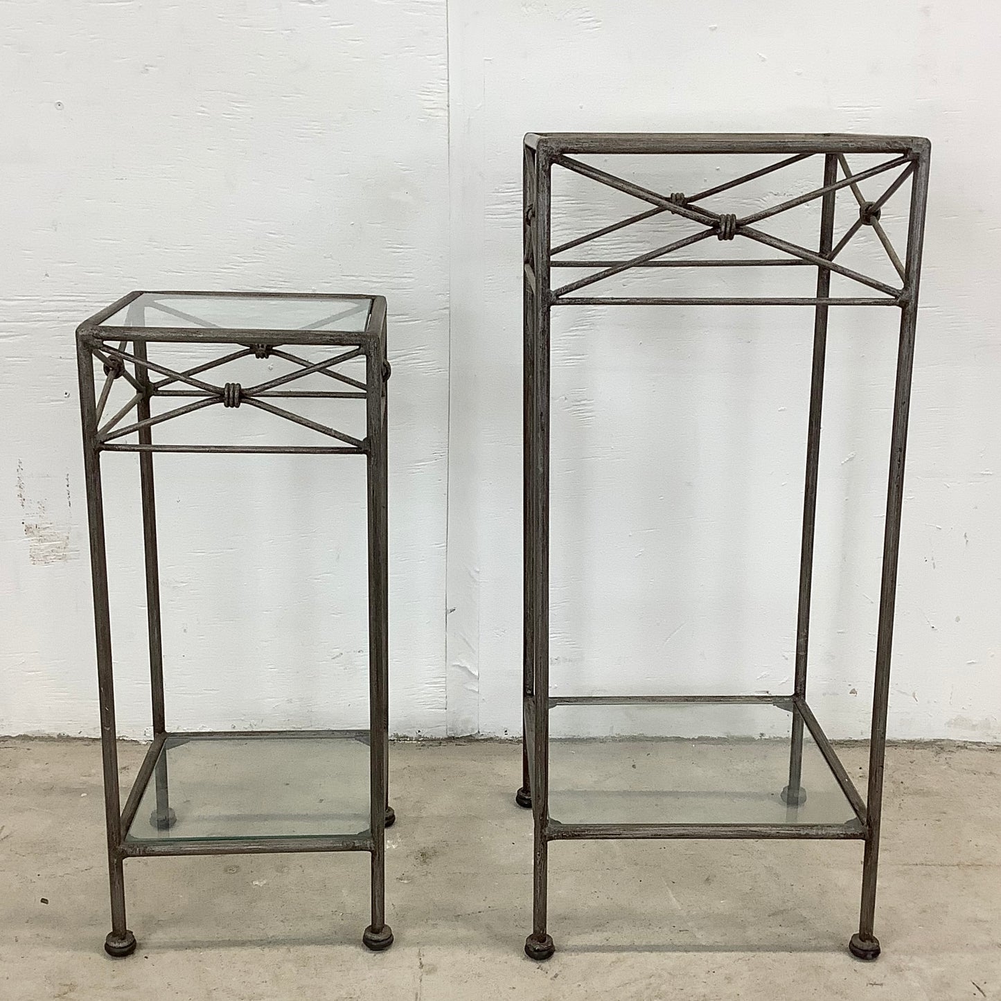 Pair Iron & Glass Modern Pedestal Side Tables-