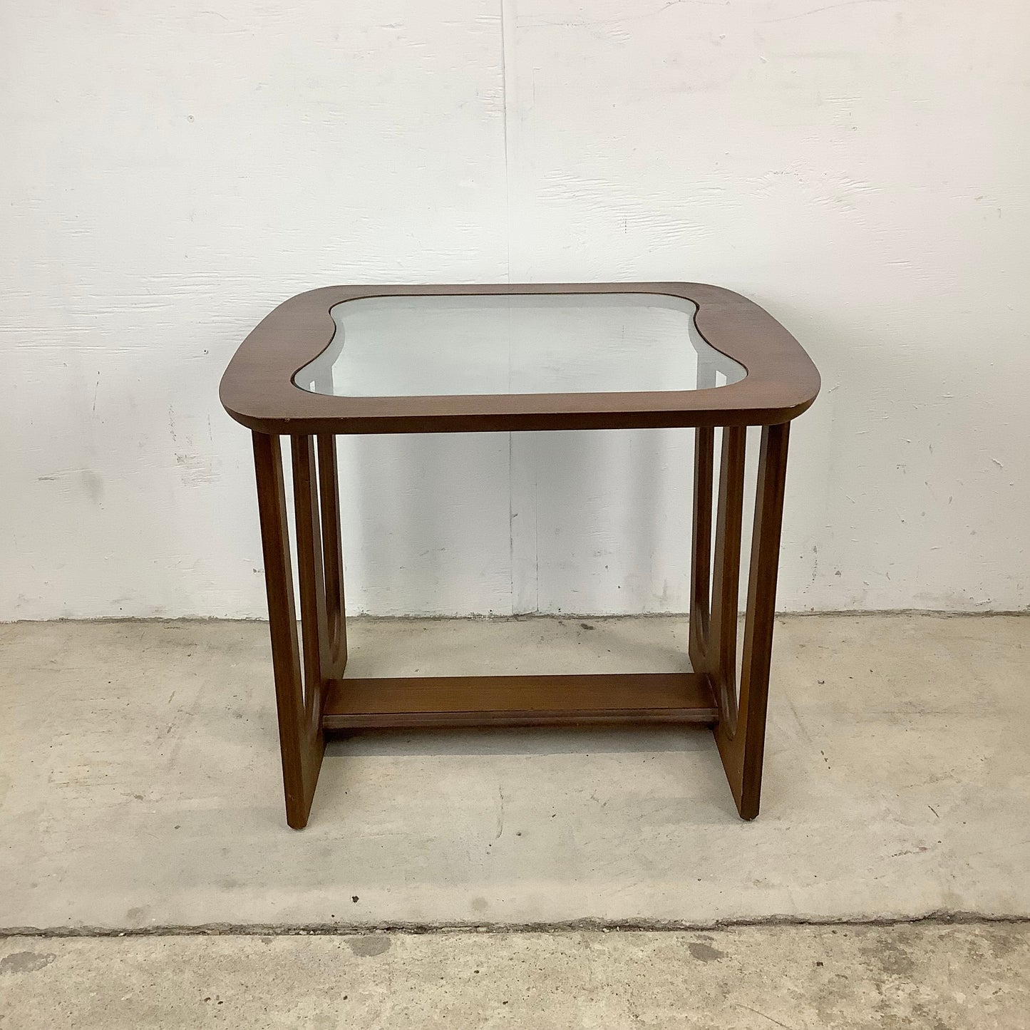 Vintage Modern Walnut Side Table With Glass Top