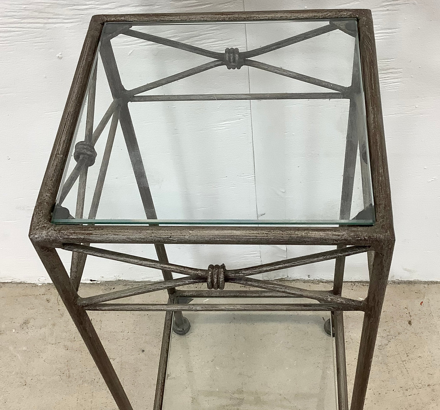 Pair Iron & Glass Modern Pedestal Side Tables-