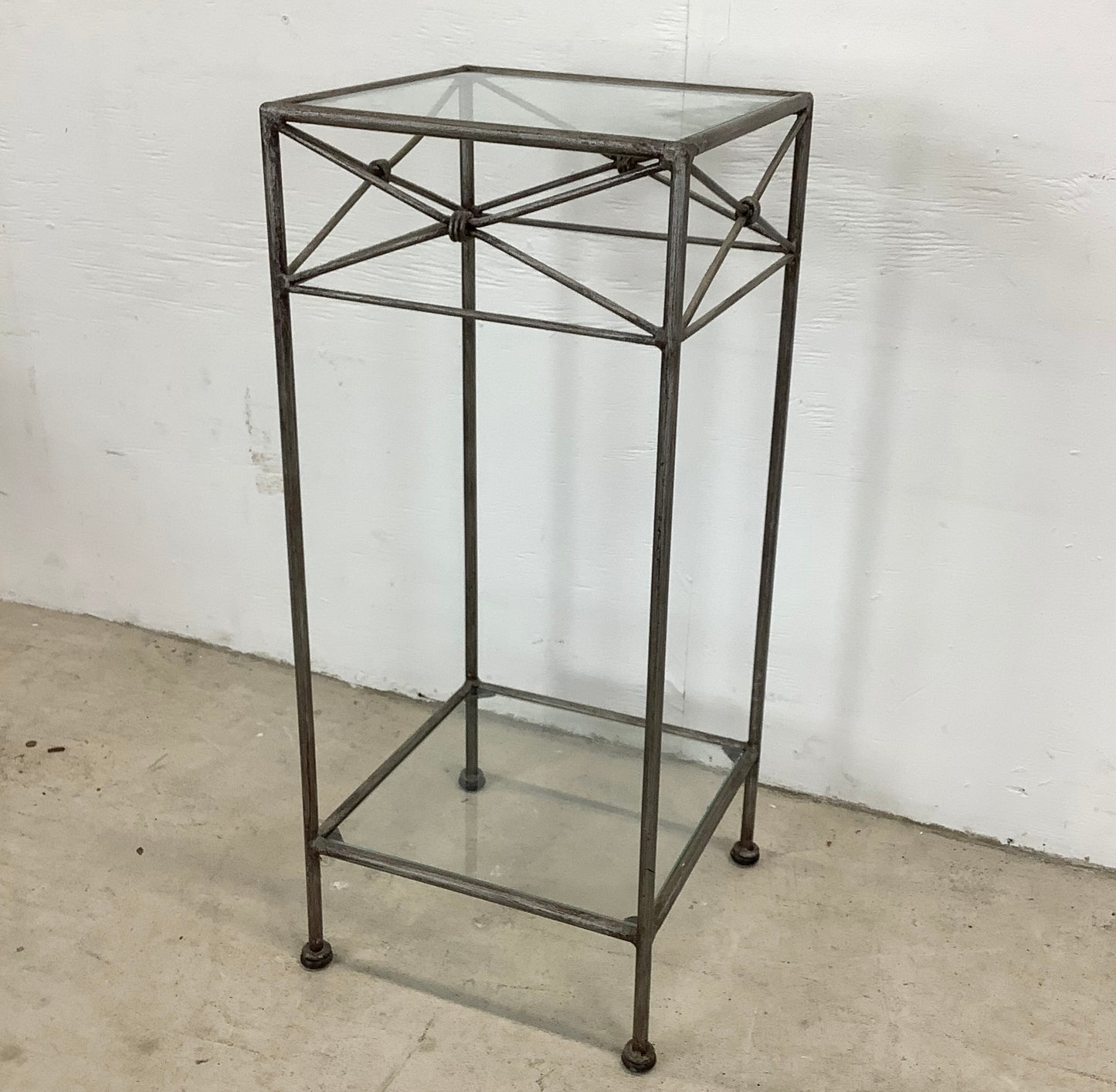 Pair Iron & Glass Modern Pedestal Side Tables-