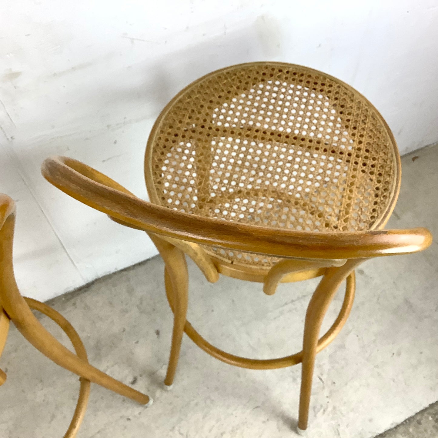 Pair Vintage Modern Cane Seat Barstools