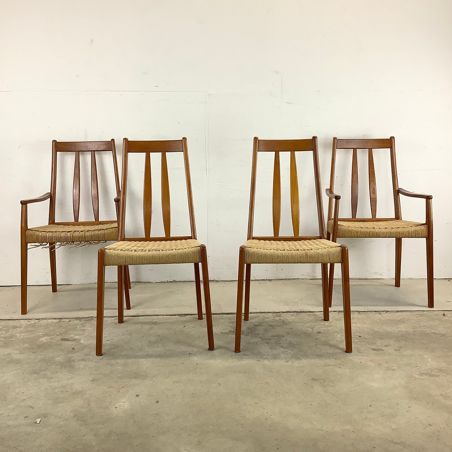 Scandinavian Modern Rope Seat Slat Back Dining Chairs- Set of Four