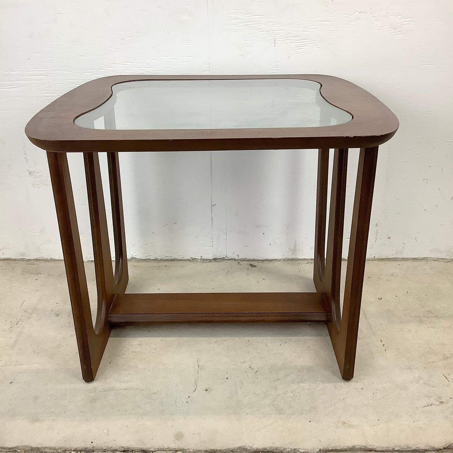 Vintage Modern Walnut Side Table With Glass Top