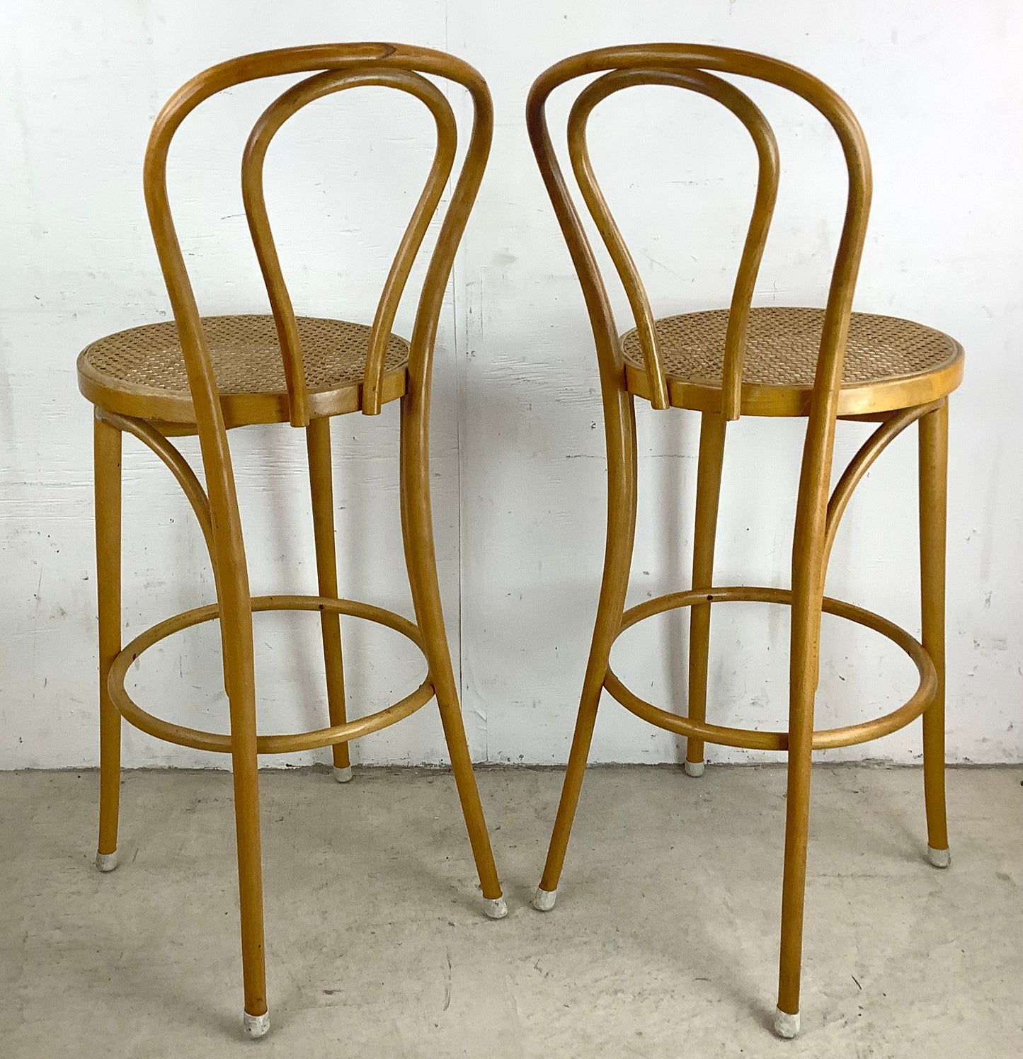 Pair Vintage Modern Cane Seat Barstools