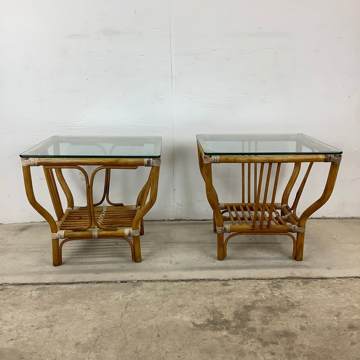 Pair Vintage Modern Bamboo Glass Top Boho End Tables