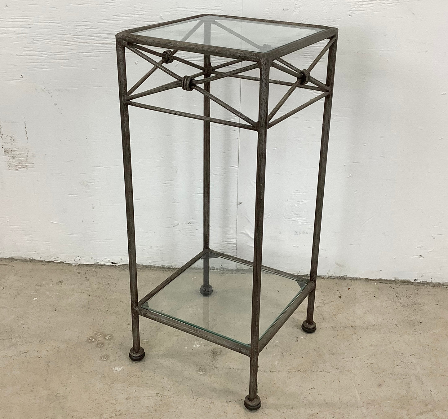 Pair Iron & Glass Modern Pedestal Side Tables-