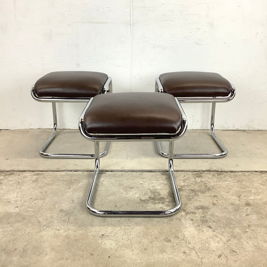 Vintage Bauhaus Style Tubular Chrome Stools- Anton Lorenz for Thonet, Set of Three