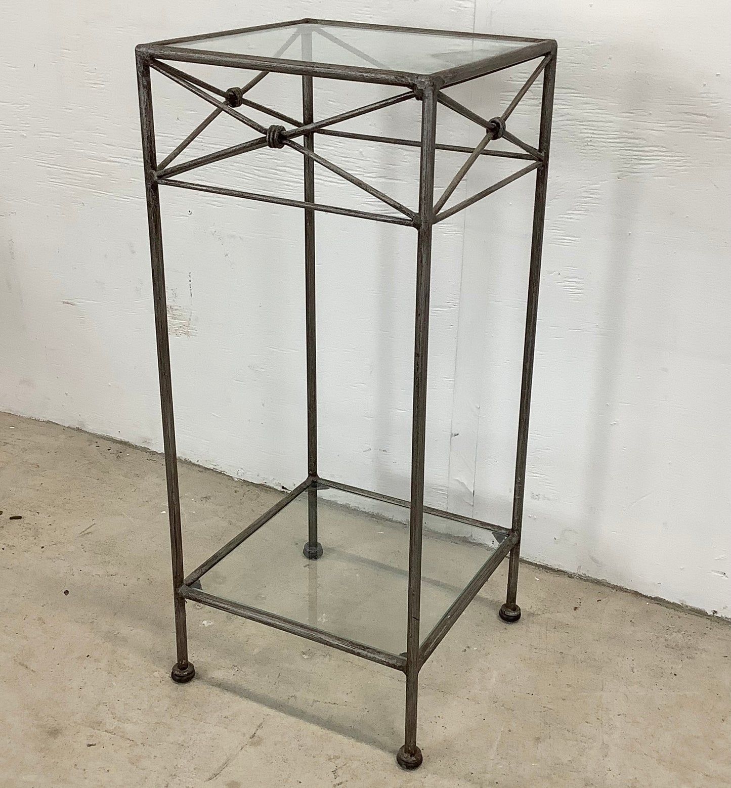 Pair Iron & Glass Modern Pedestal Side Tables-