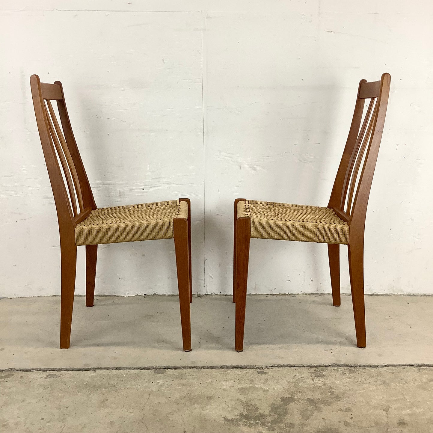 Danish Modern Teak Rope Seat Dining Chairs- Pair