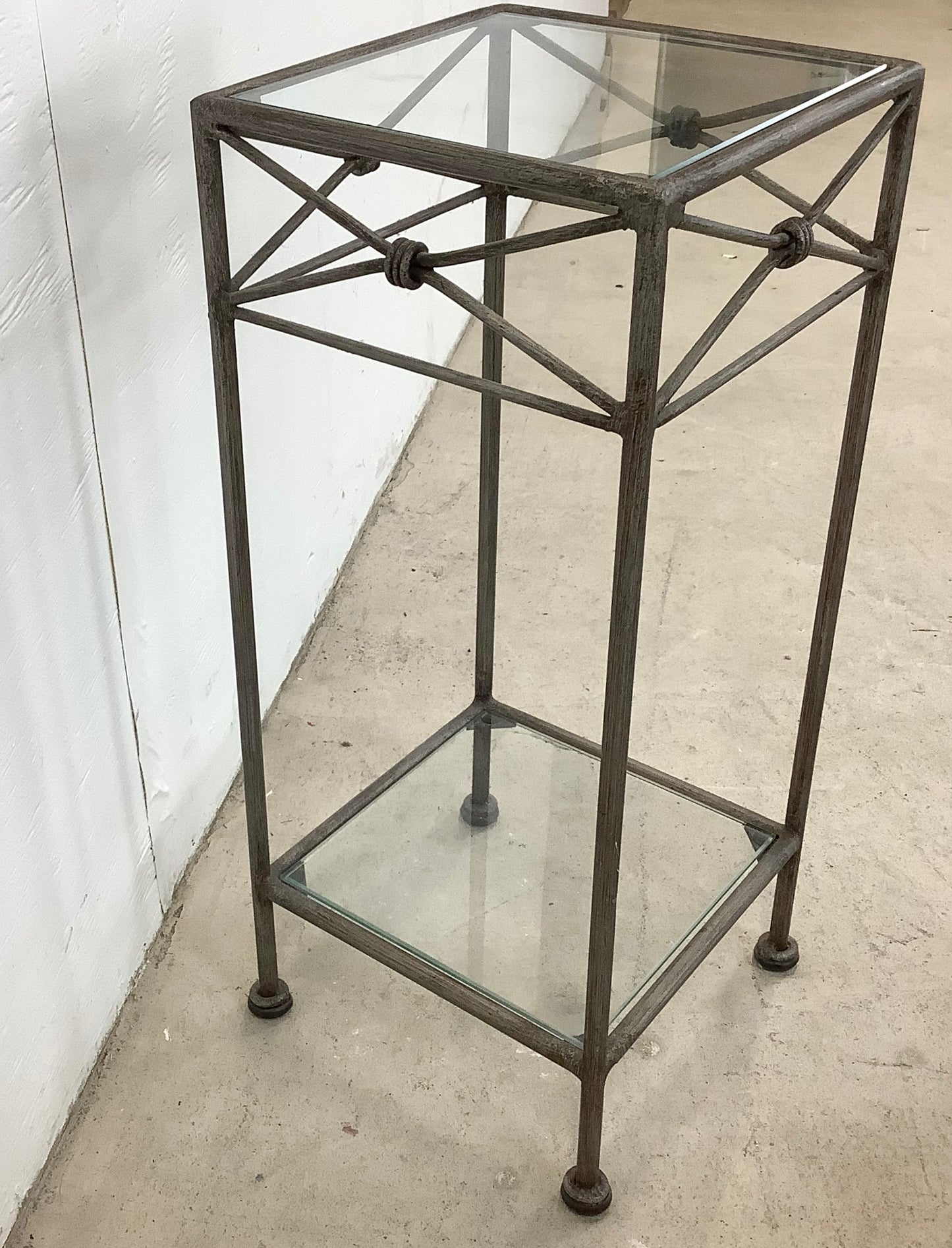 Pair Iron & Glass Modern Pedestal Side Tables-