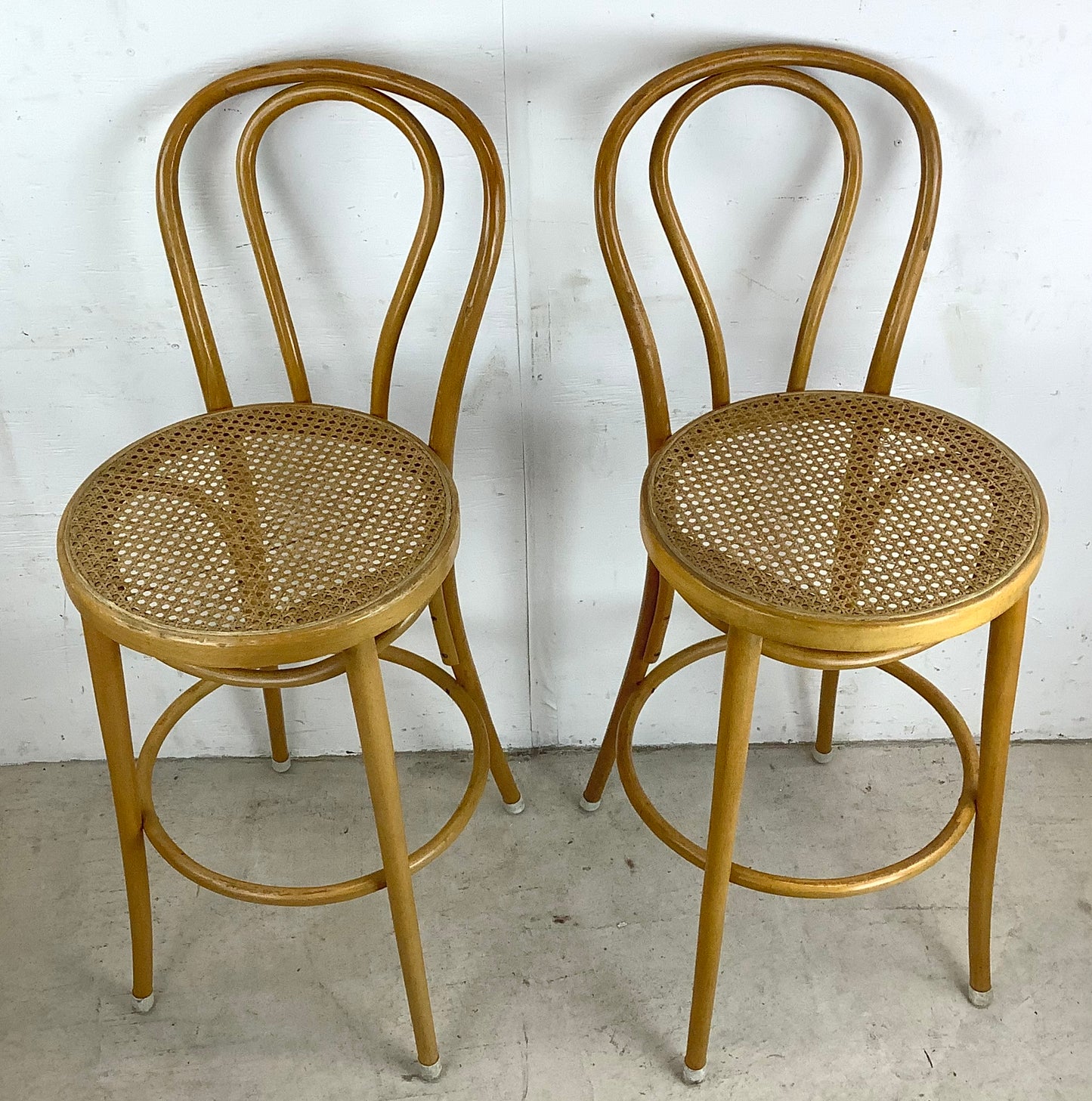 Pair Vintage Modern Cane Seat Barstools