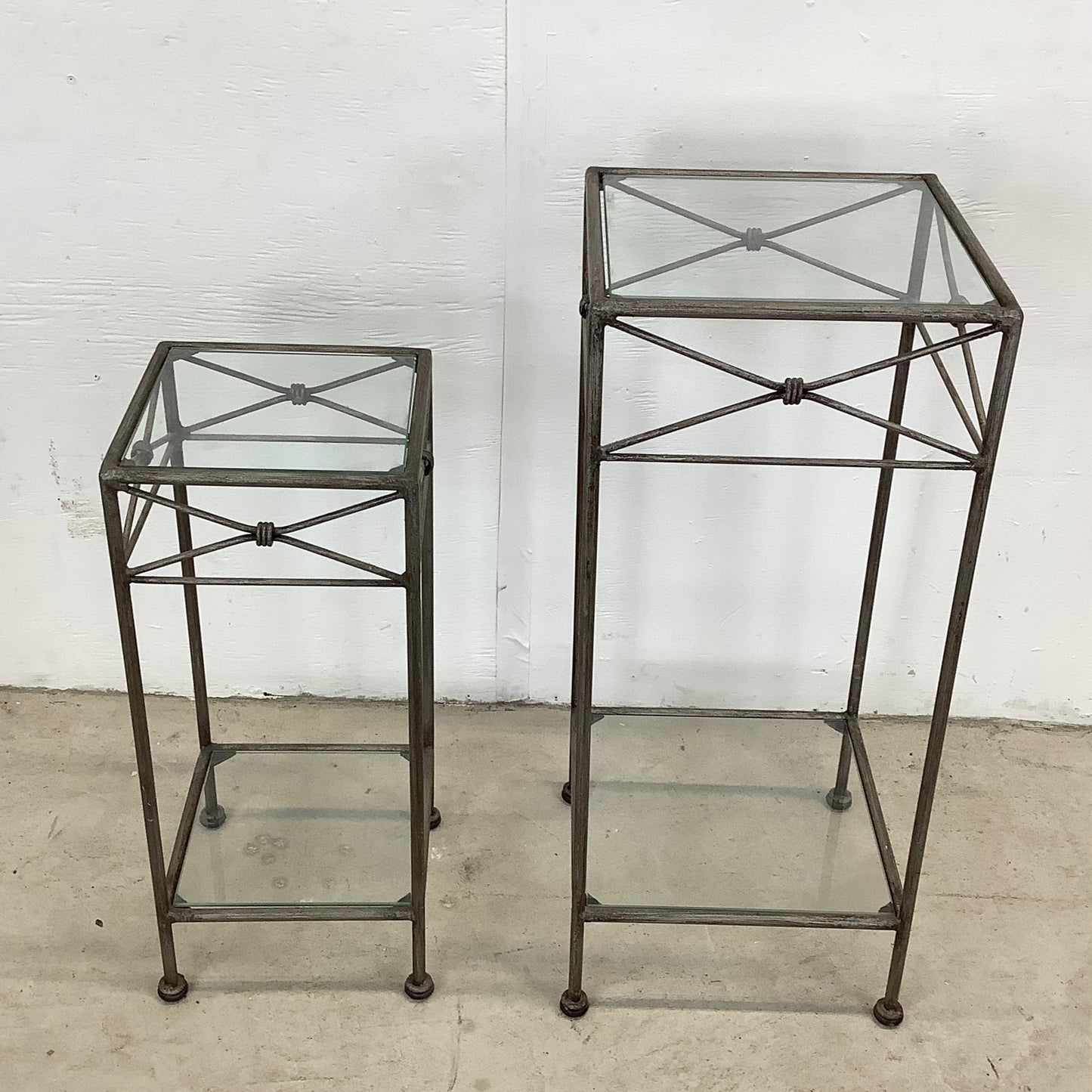 Pair Iron & Glass Modern Pedestal Side Tables-