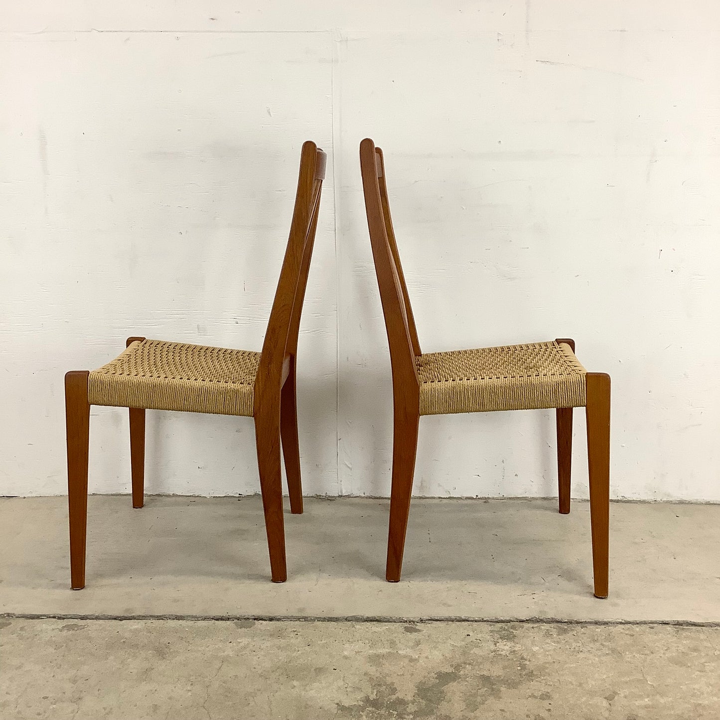 Danish Modern Teak Rope Seat Dining Chairs- Pair