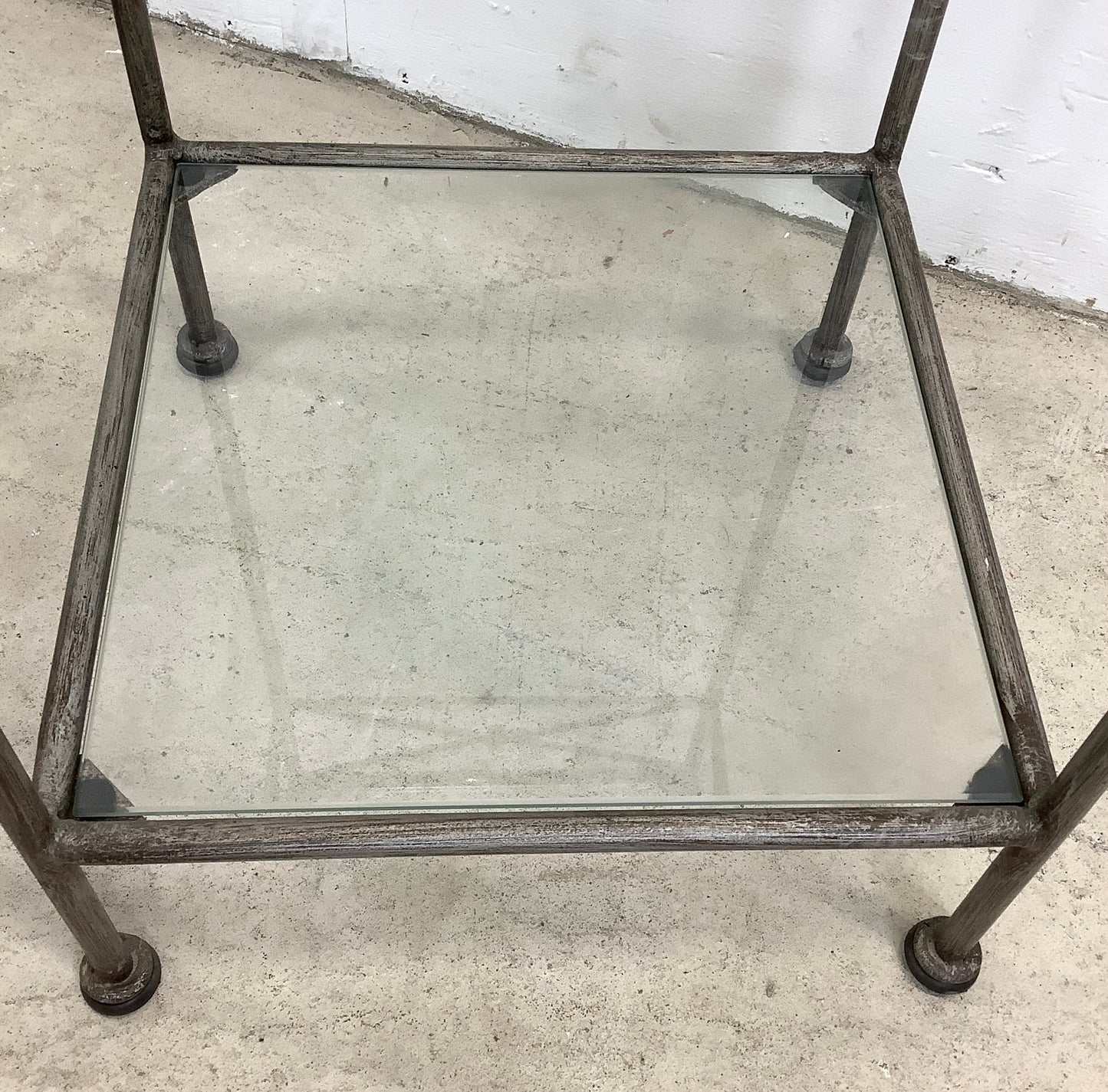 Pair Iron & Glass Modern Pedestal Side Tables-