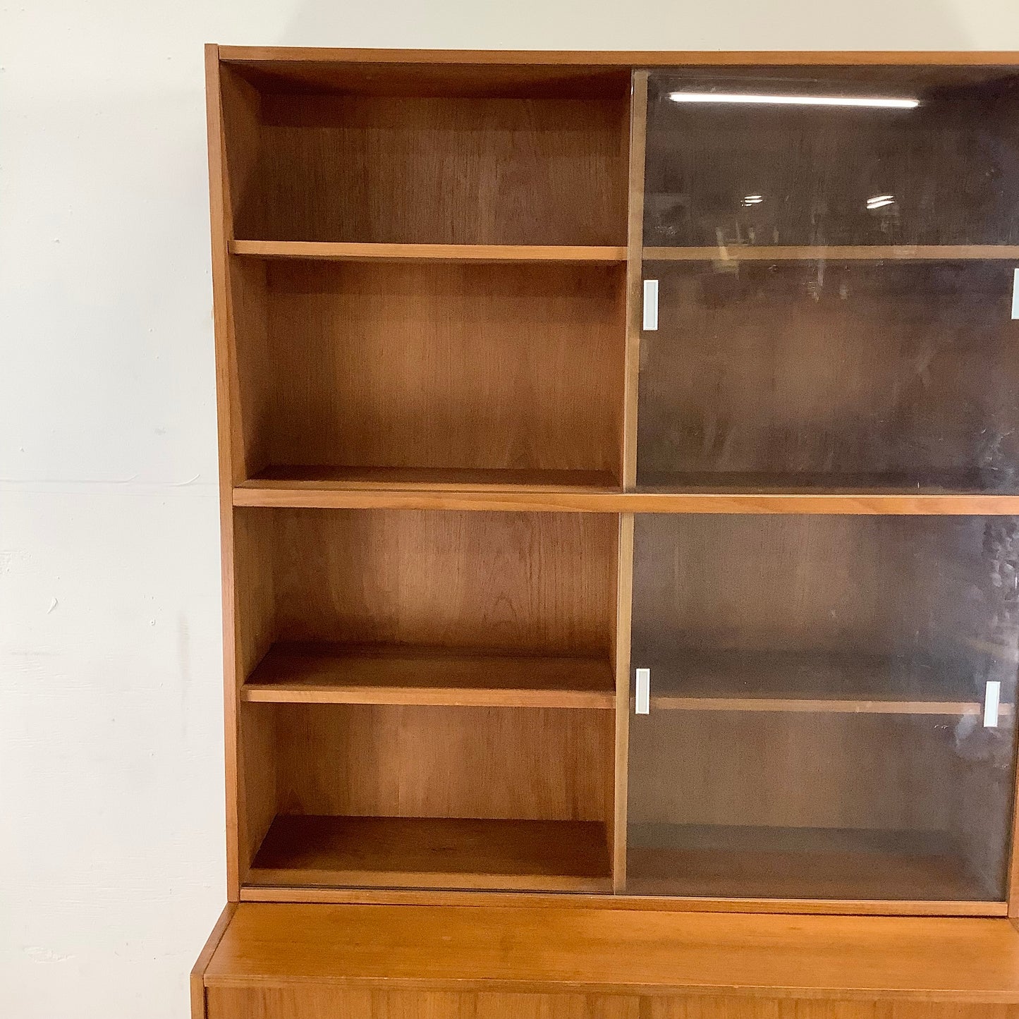 Vintage Modern Teak Bookcase With Cabinet and Sliding Glass Doors