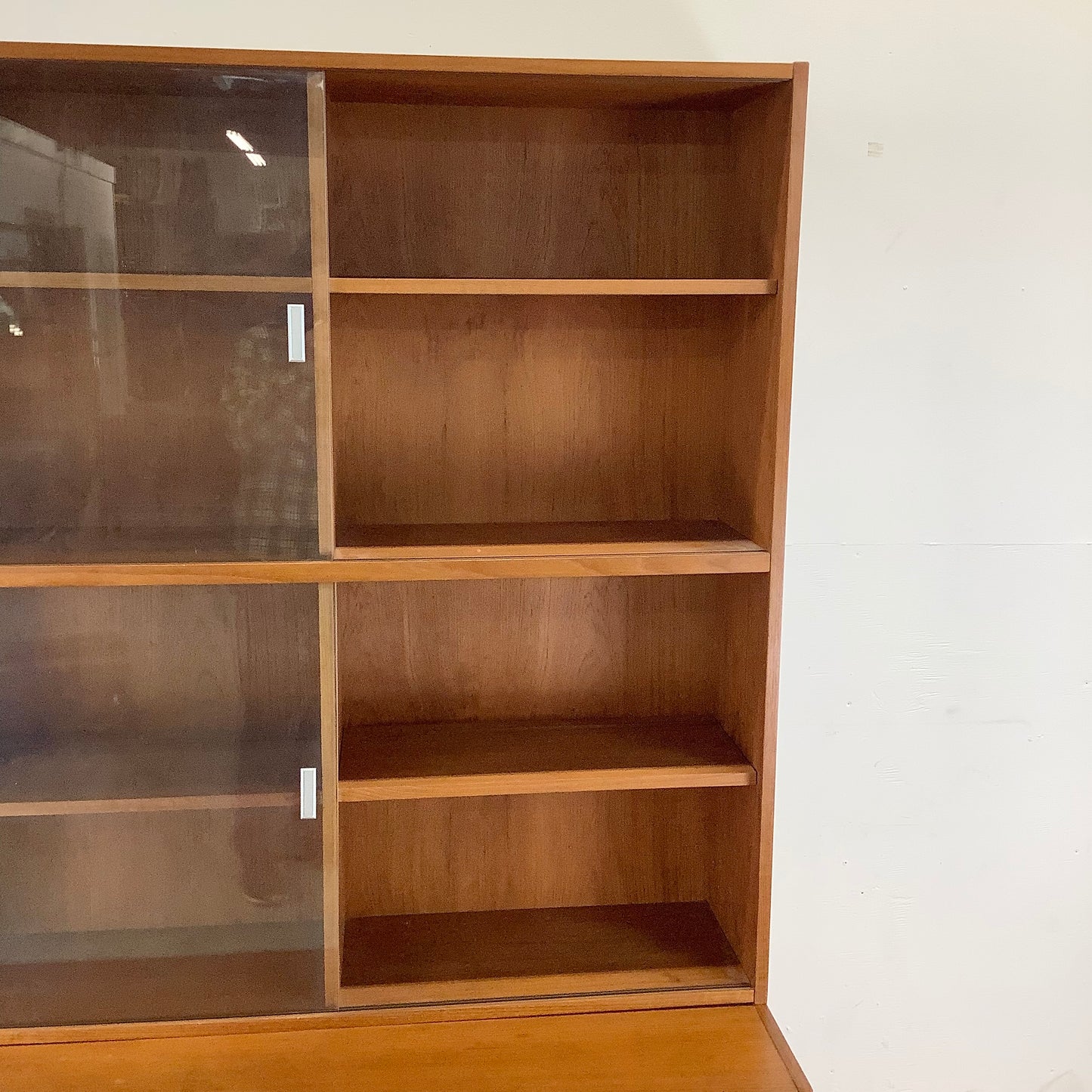 Vintage Modern Teak Bookcase With Cabinet and Sliding Glass Doors