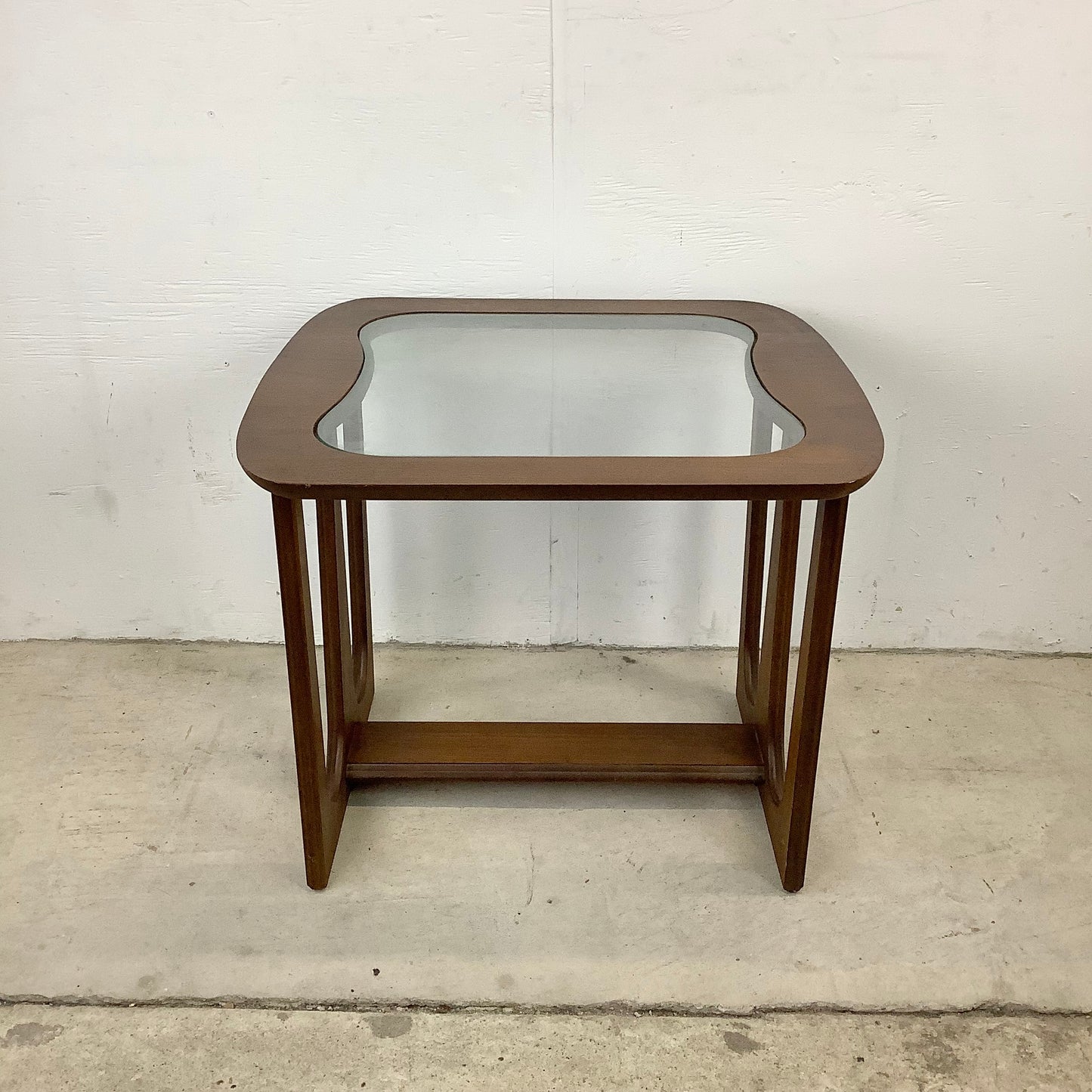 Vintage Modern Walnut Side Table With Glass Top