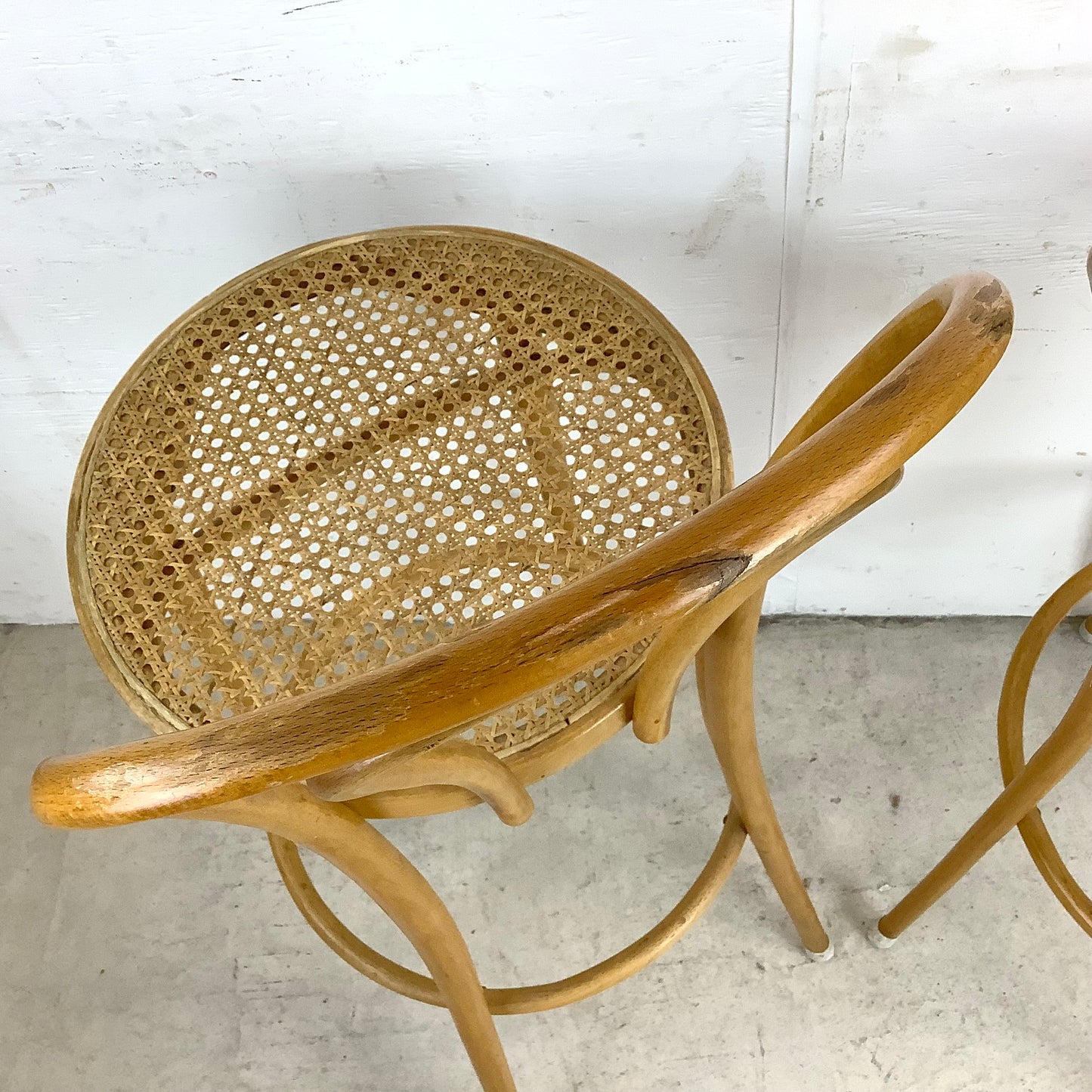 Pair Vintage Modern Cane Seat Barstools