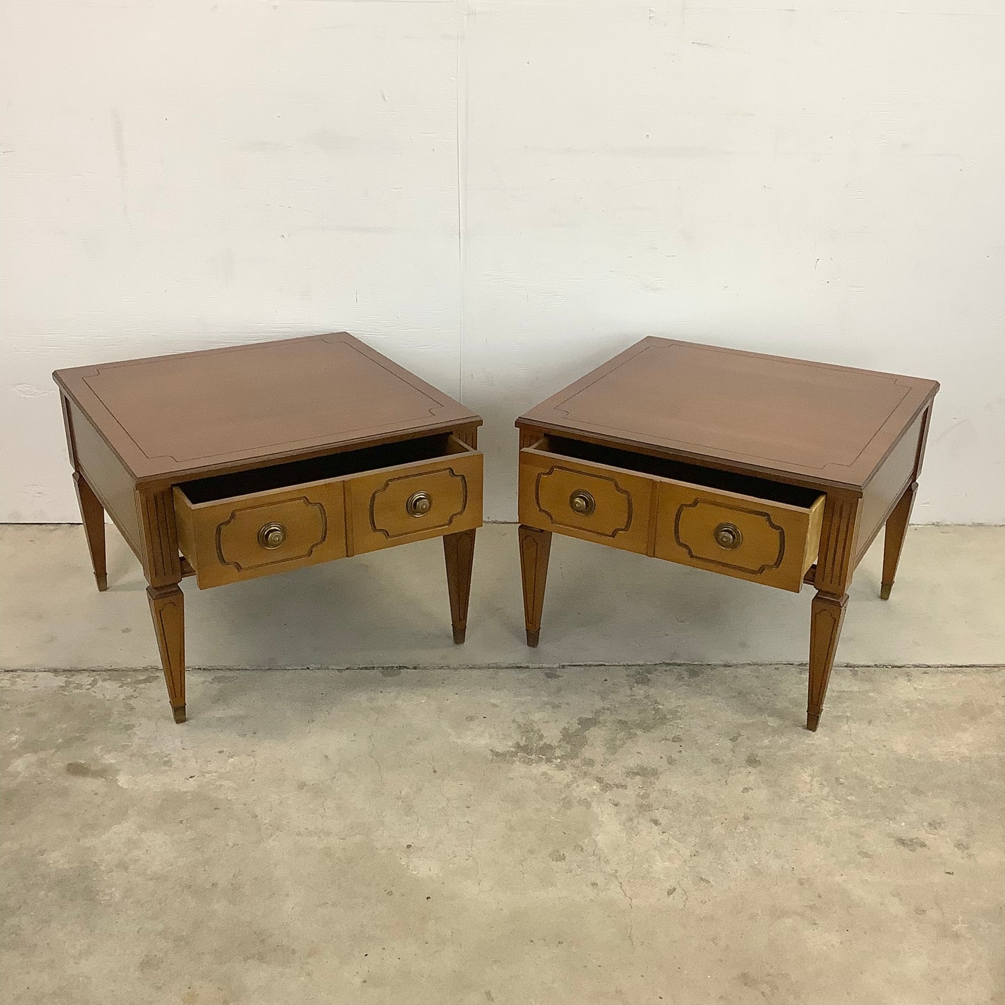 Pair Vintage End Tables With Decorative Drawer Fronts