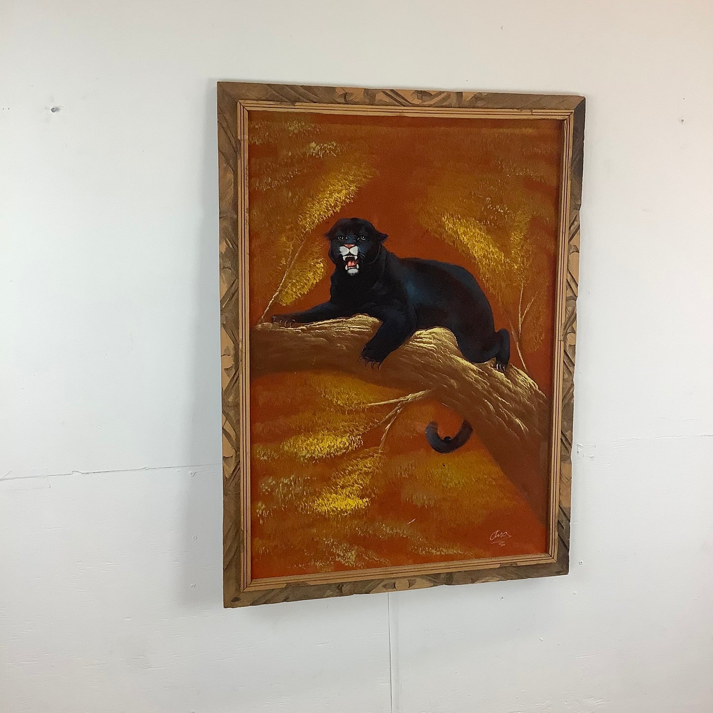 Mid-Century Velvet Painting of Lounging Panther