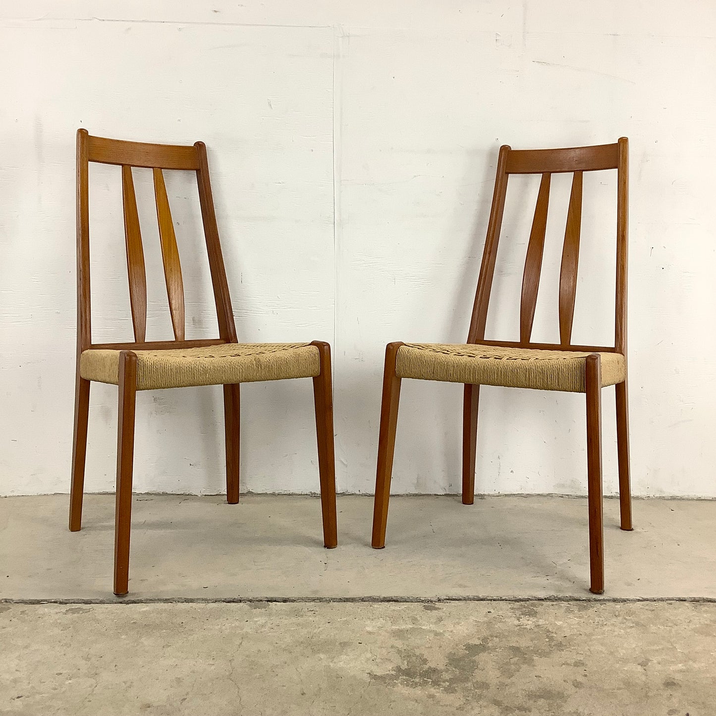 Danish Modern Teak Rope Seat Dining Chairs- Pair