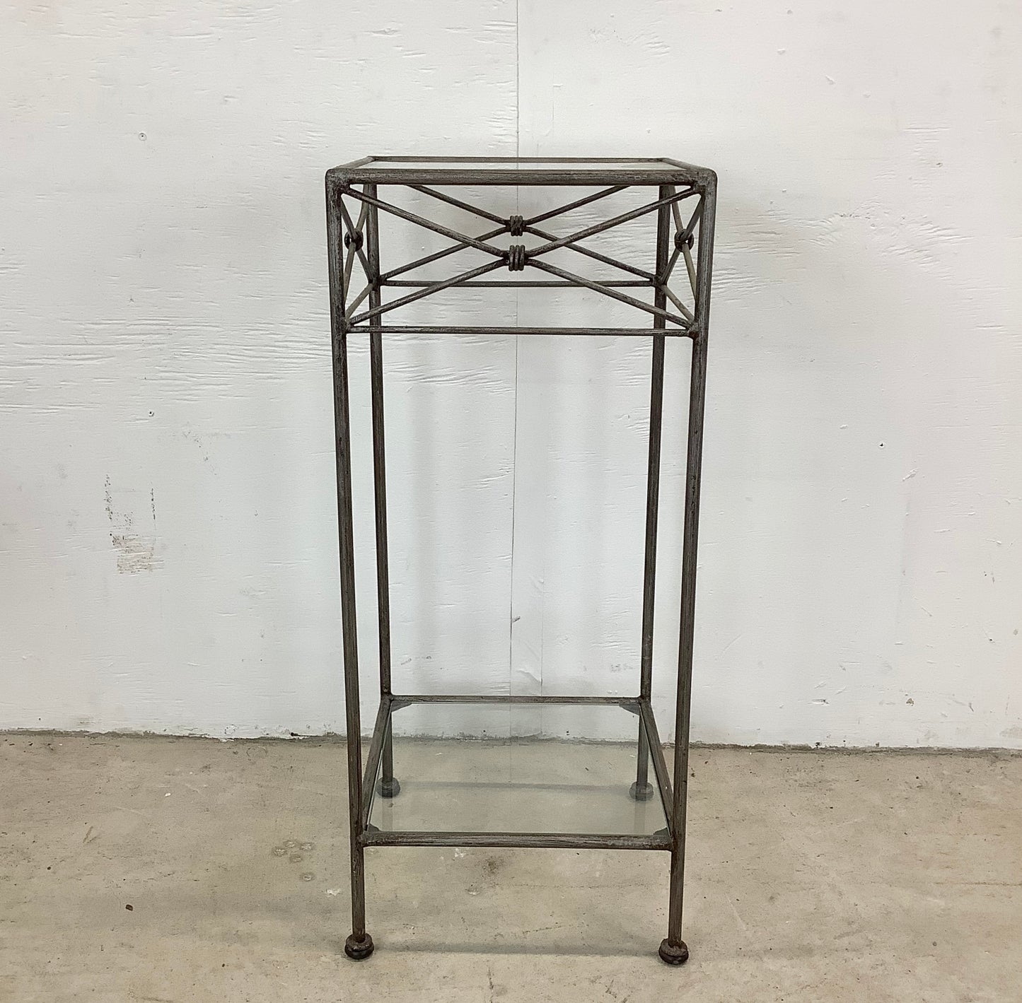 Pair Iron & Glass Modern Pedestal Side Tables-