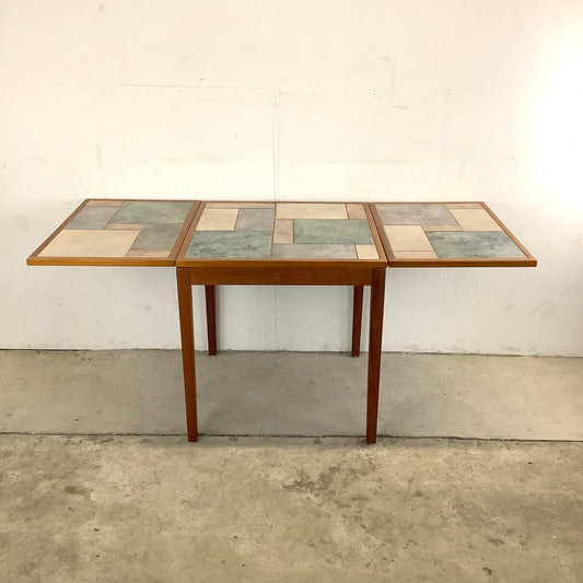 Scandinavian Modern Teak and Tile Drop Leaf Dining Table