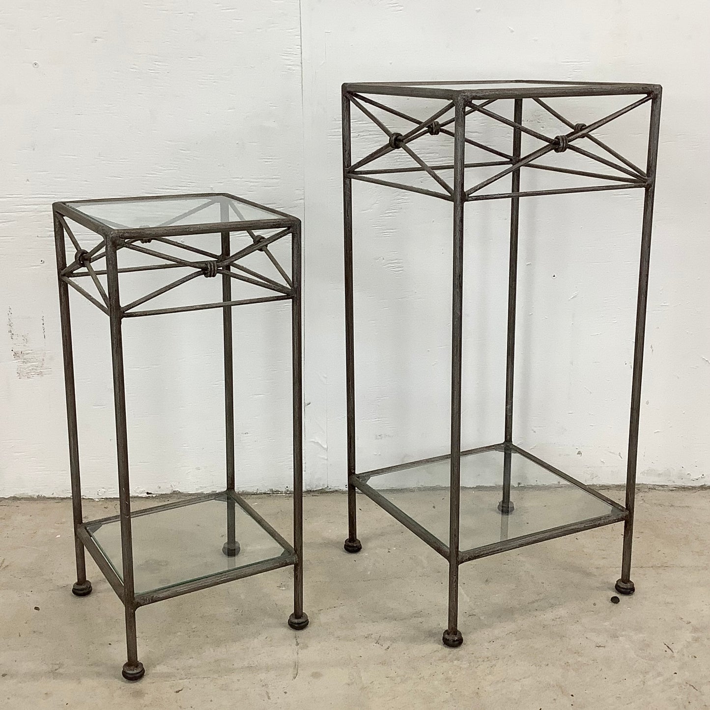 Pair Iron & Glass Modern Pedestal Side Tables-