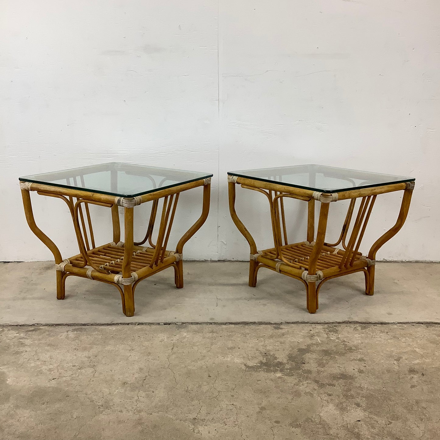 Pair Vintage Modern Bamboo Glass Top Boho End Tables
