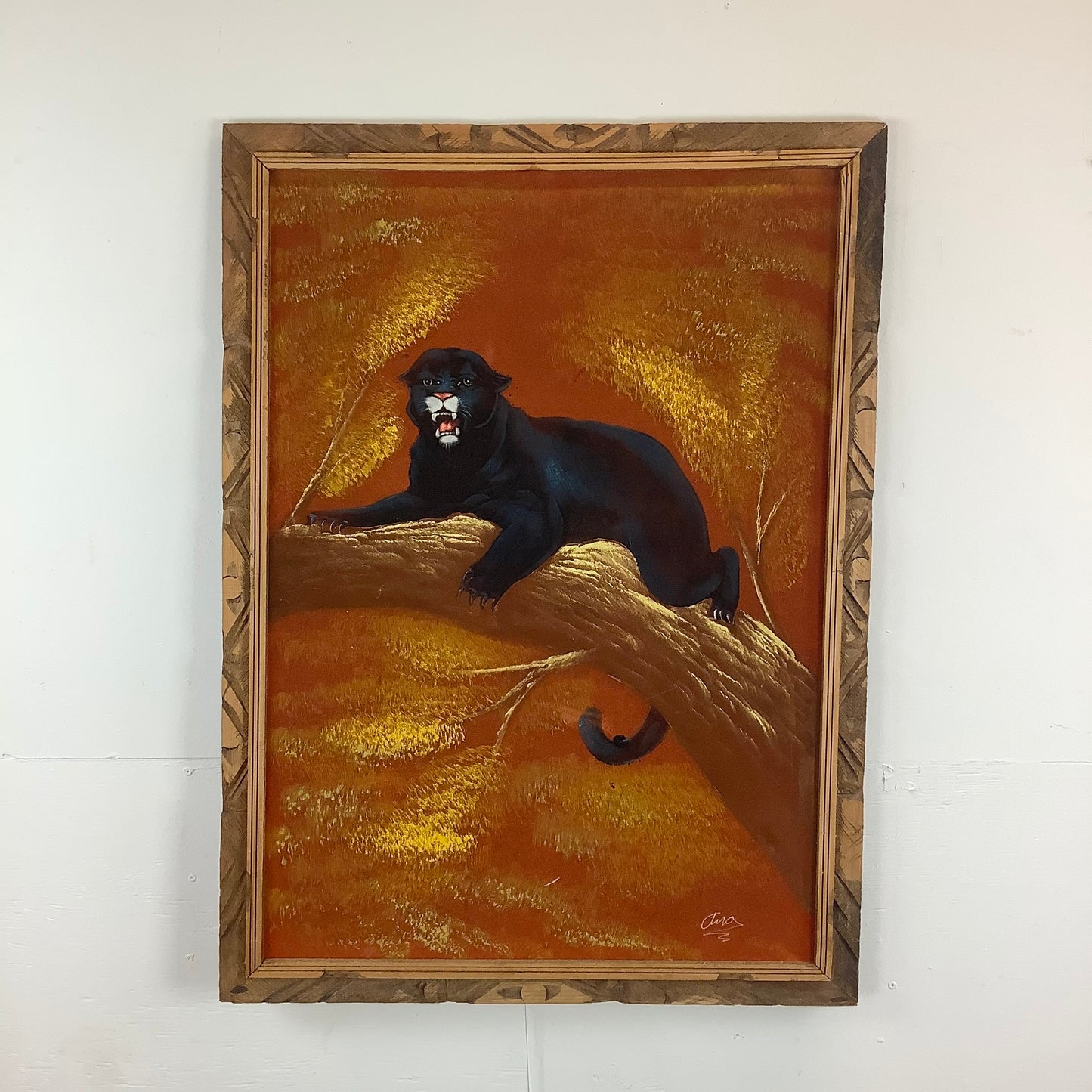 Mid-Century Velvet Painting of Lounging Panther