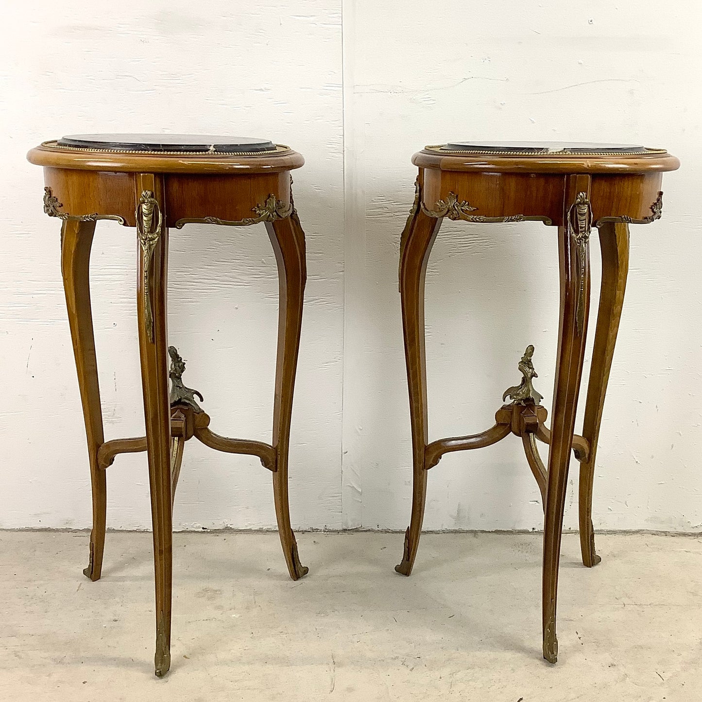 Pair of Vintage Louis XV Style Stone Top Side Tables with Ornate Detail