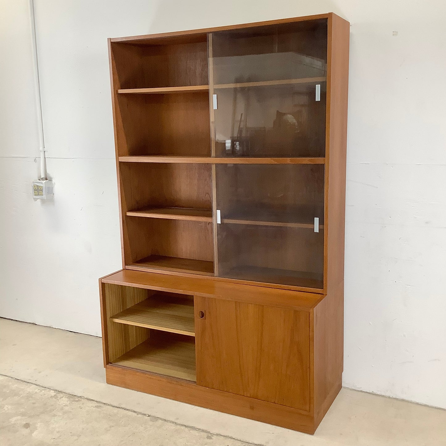 Vintage Modern Teak Bookcase With Cabinet and Sliding Glass Doors