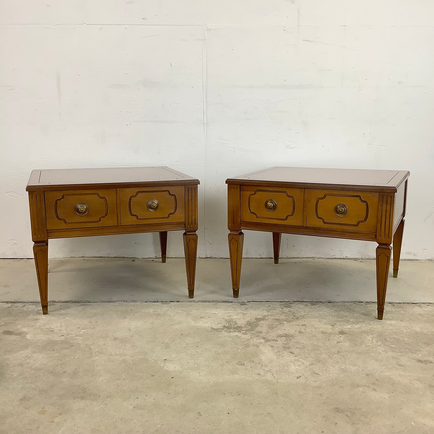 Pair Vintage End Tables With Decorative Drawer Fronts