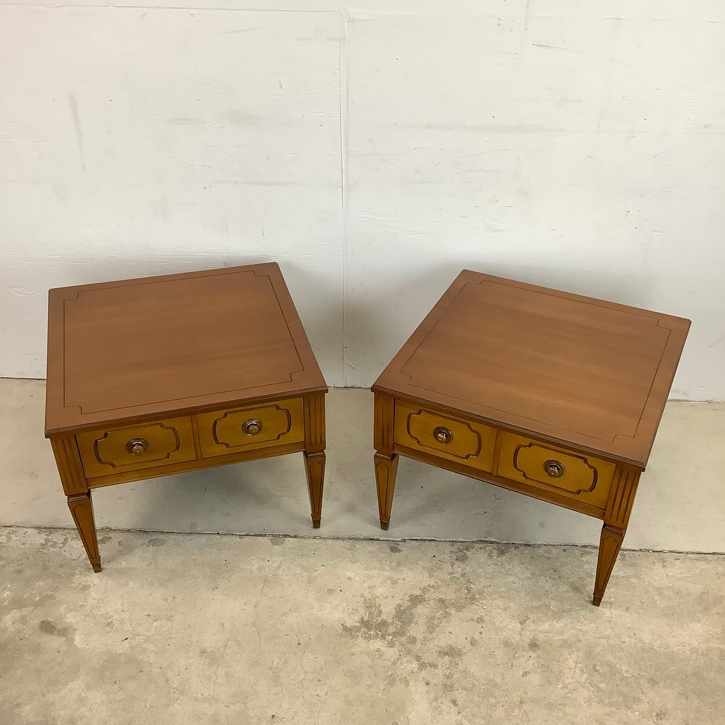 Pair Vintage End Tables With Decorative Drawer Fronts