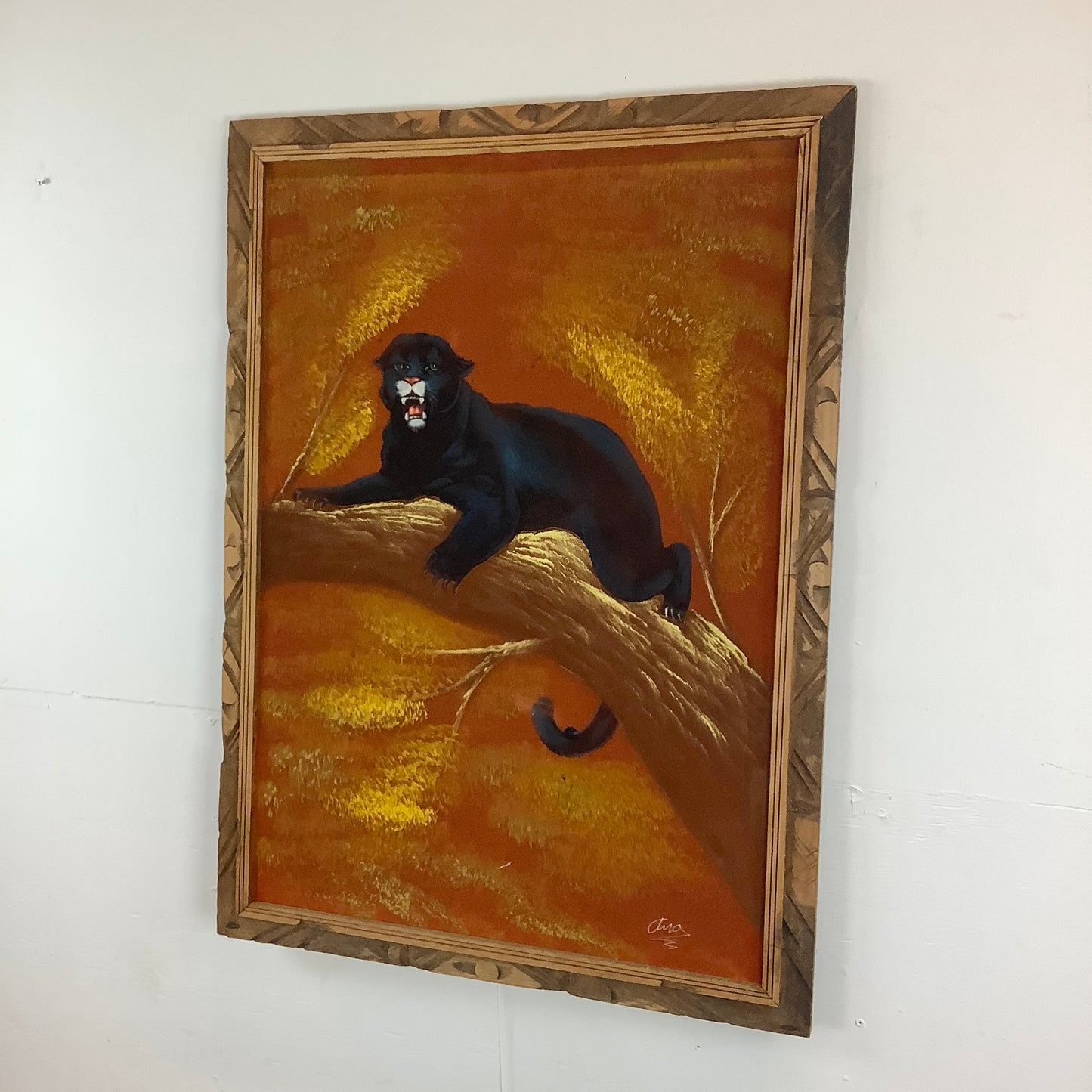 Mid-Century Velvet Painting of Lounging Panther