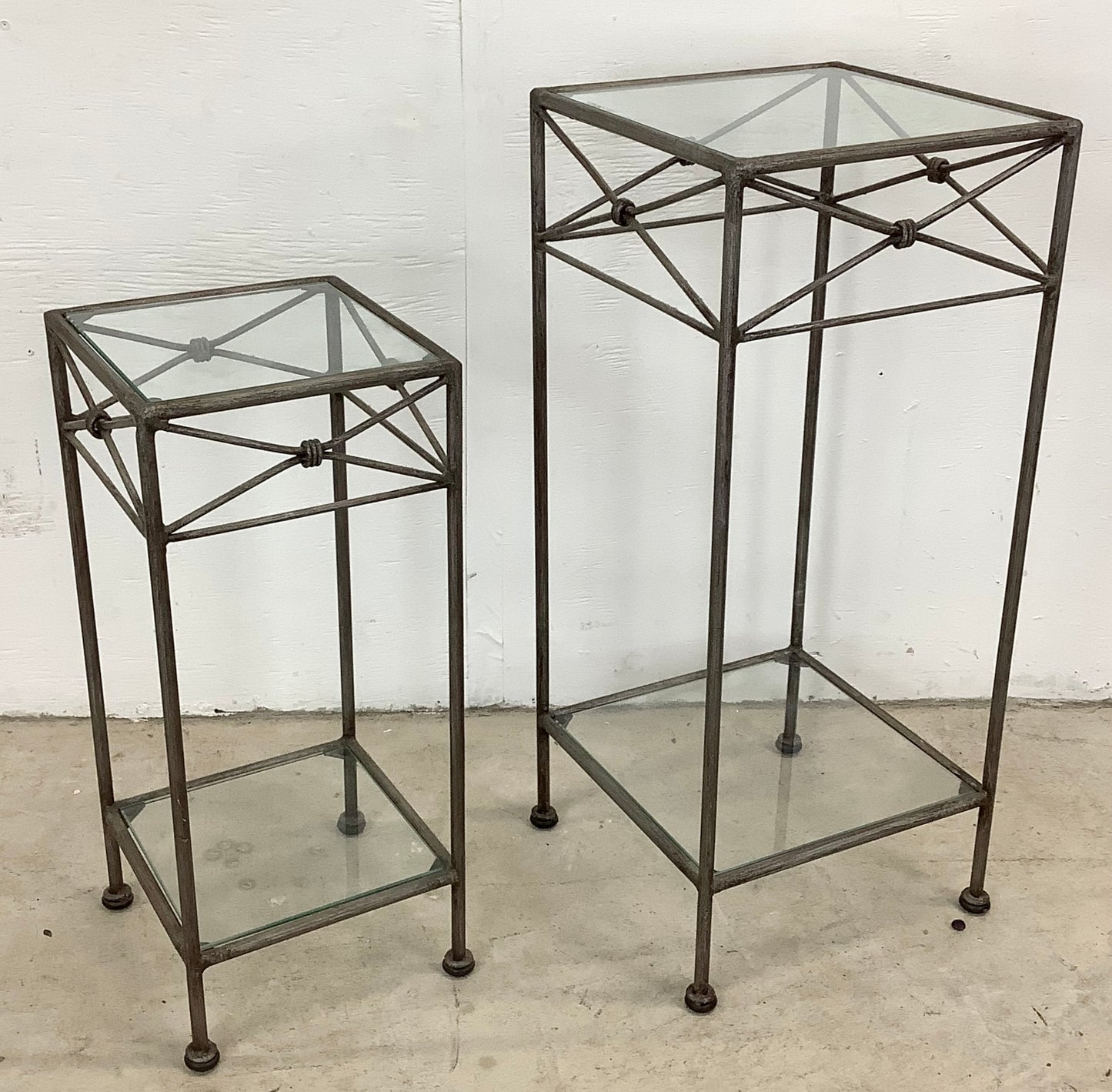 Pair Iron & Glass Modern Pedestal Side Tables-