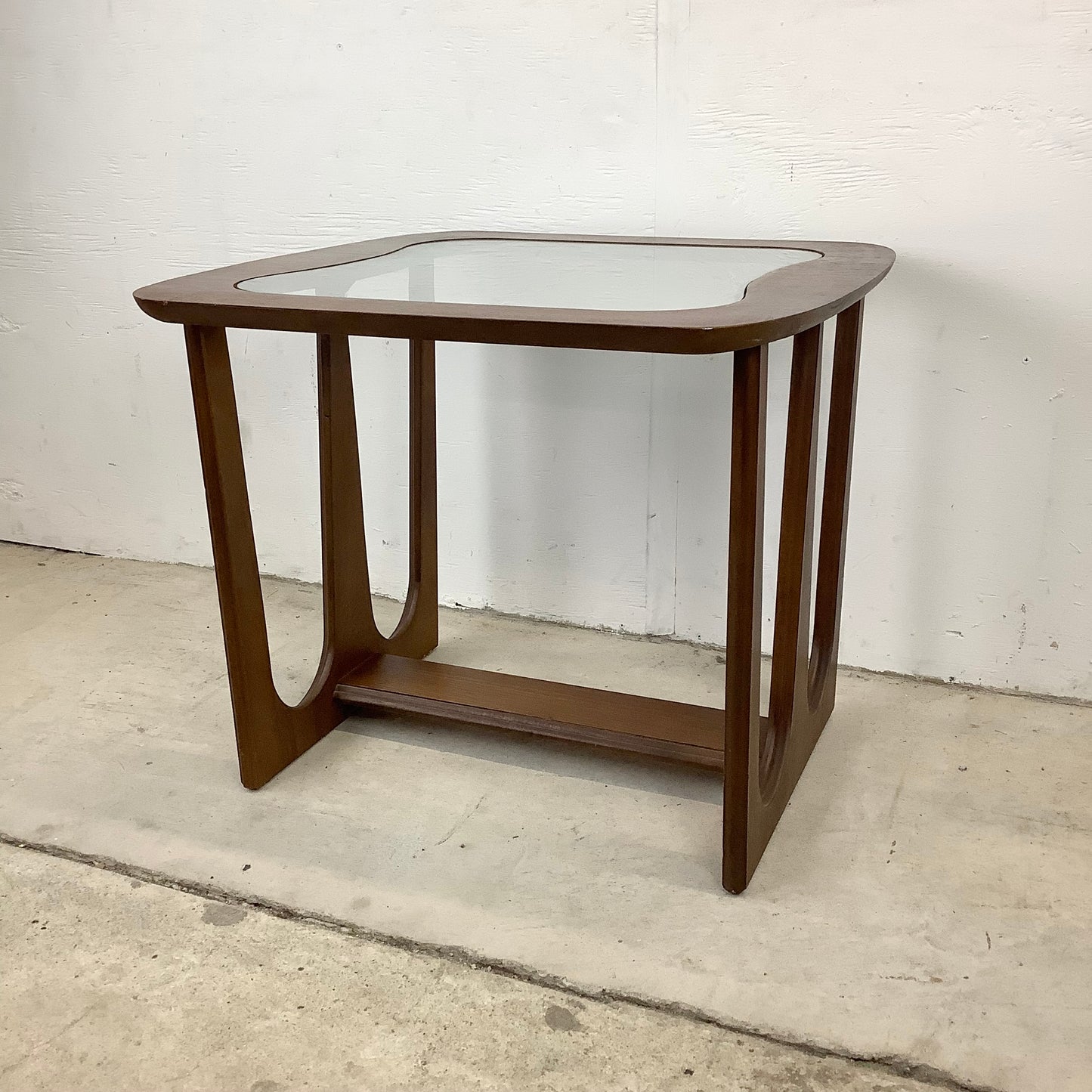 Vintage Modern Walnut Side Table With Glass Top