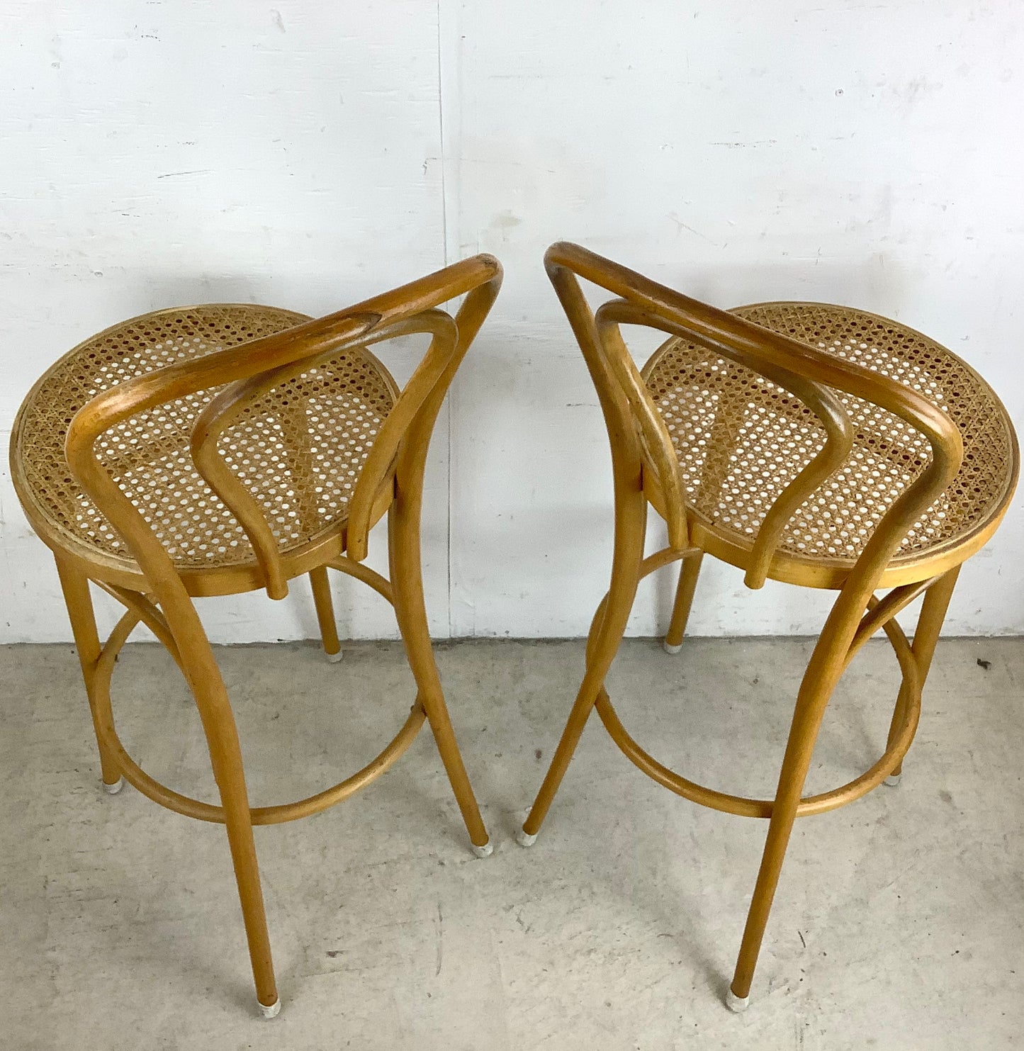Pair Vintage Modern Cane Seat Barstools