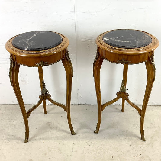 Pair of Vintage Louis XV Style Stone Top Side Tables with Ornate Detail