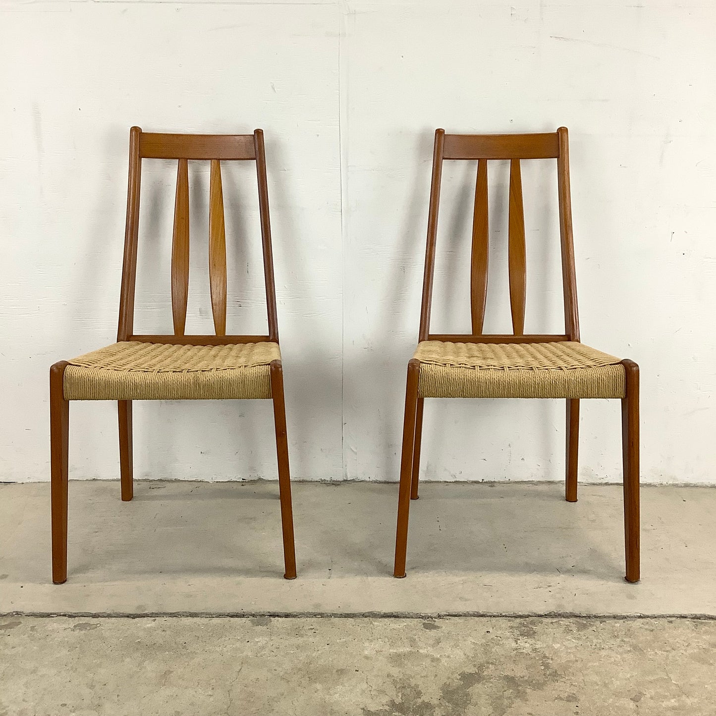 Danish Modern Teak Rope Seat Dining Chairs- Pair