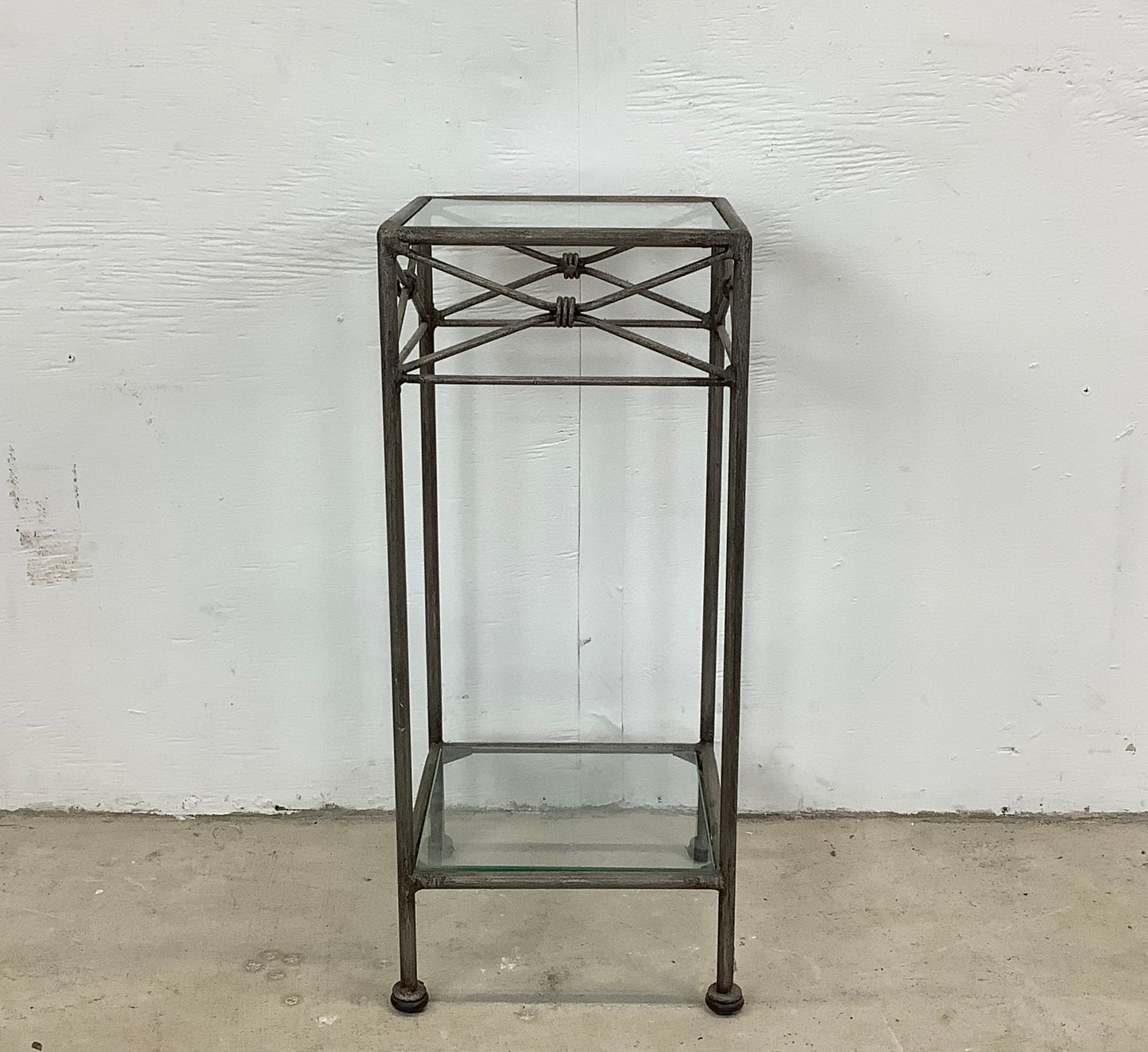 Pair Iron & Glass Modern Pedestal Side Tables-